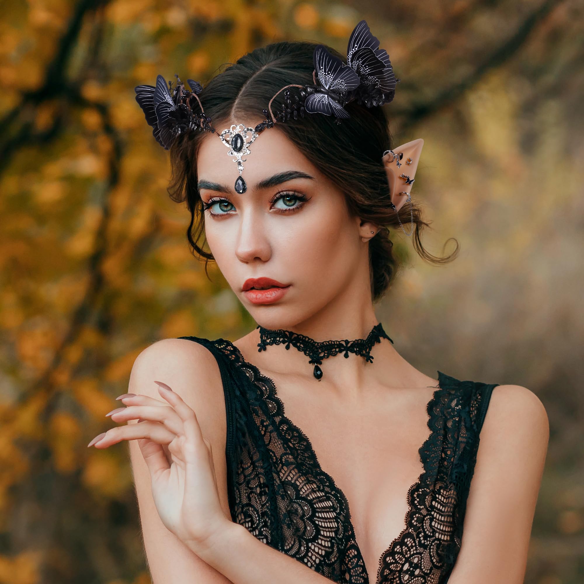 MOSTORY Gothic - Set di orecchie da elfo traforate per costumi di carnevale, da donna, con farfalla nera, accessori rinascimentali, strega, cosplay