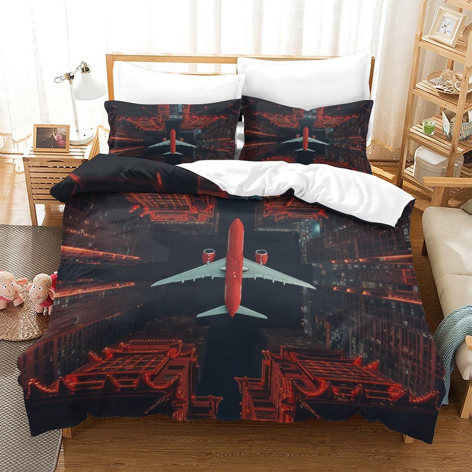 P1S9U7W5Y Night Flight Aircraft 3D Printed 3pcs Microfiber Duvet Cover Set Aviation Bedding Set King（220x240cm）