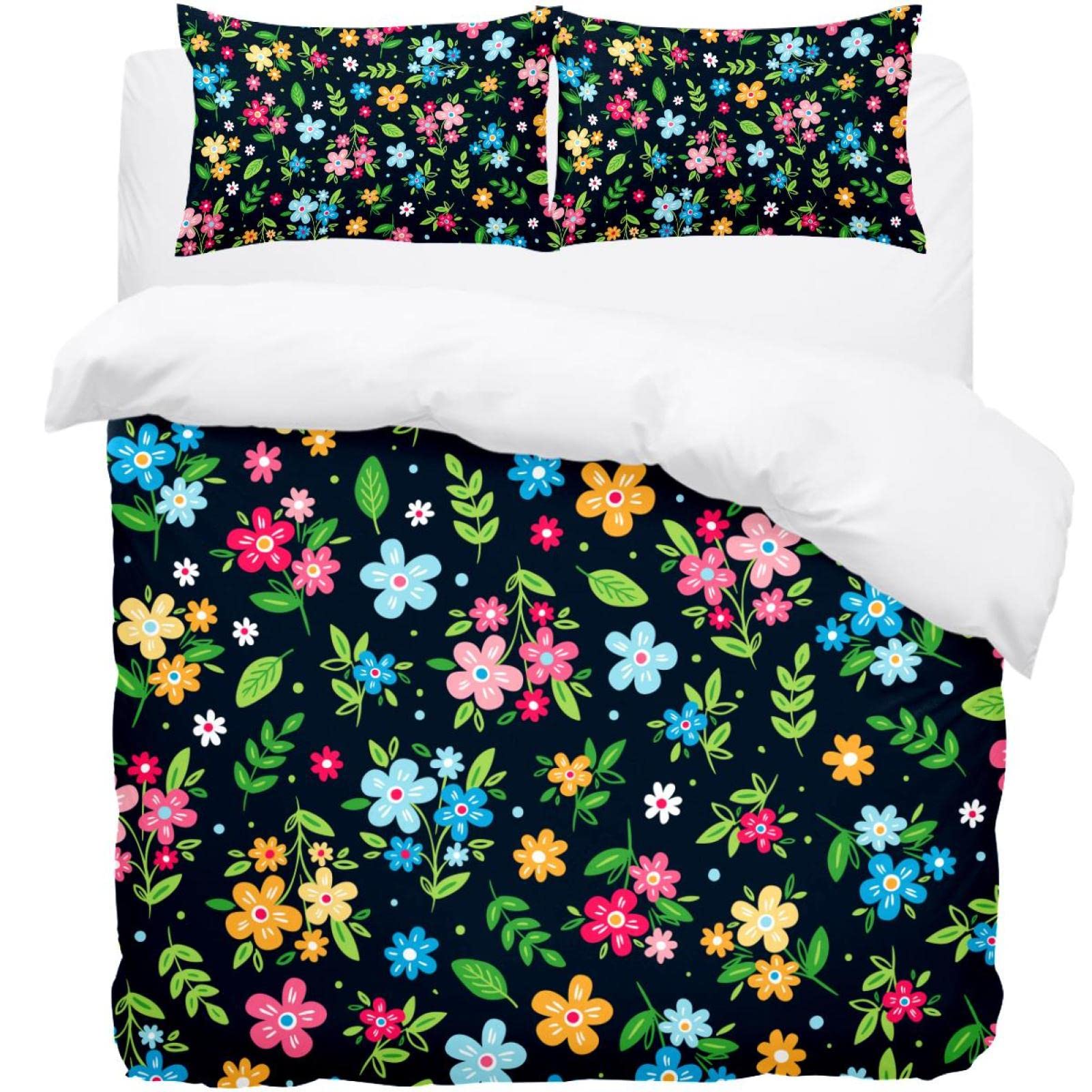 Parure de lit 3 pièces à motif floral multicolore pour lits double et simples