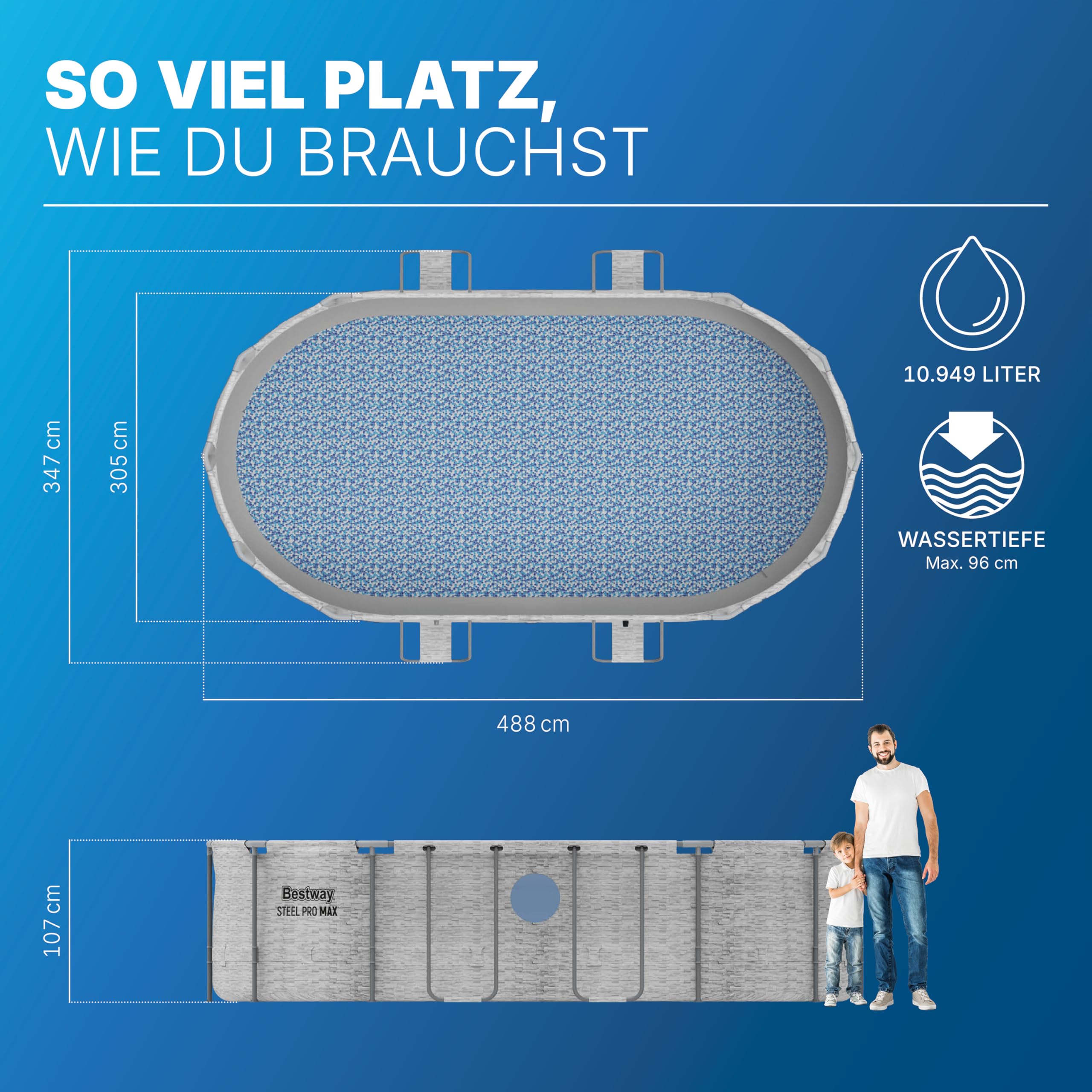 Bestway Power Steel Swim Vista Series Frame Pool Komplett-Set mit Sandfilteranlage 488 x 305 x 107 cm, Steinwand-Optik (Cremegrau), oval