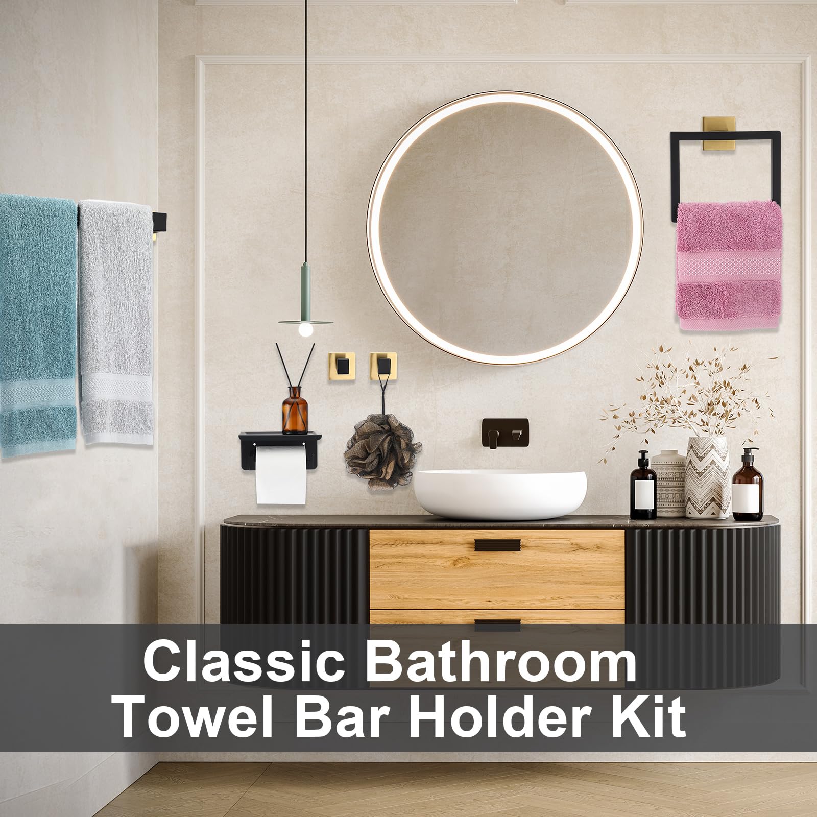 Blulu Juego de 10 soportes para toallero de baño de 23.6 pulgadas, gancho para bata, soporte para papel higiénico, juego de accesorios de baño de acero inoxidable, kit de accesorios de baño montado en