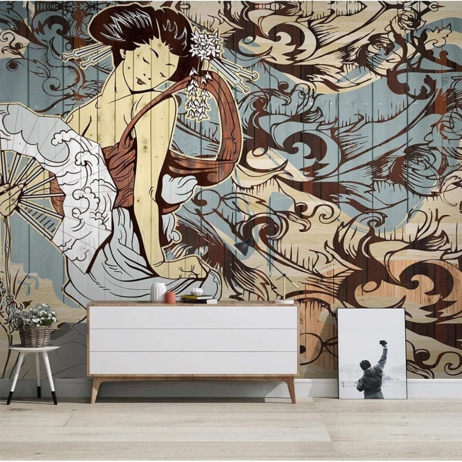 Papel pintado efecto madera XLMING para crear un rincón artístico en el comedor y dormitorio