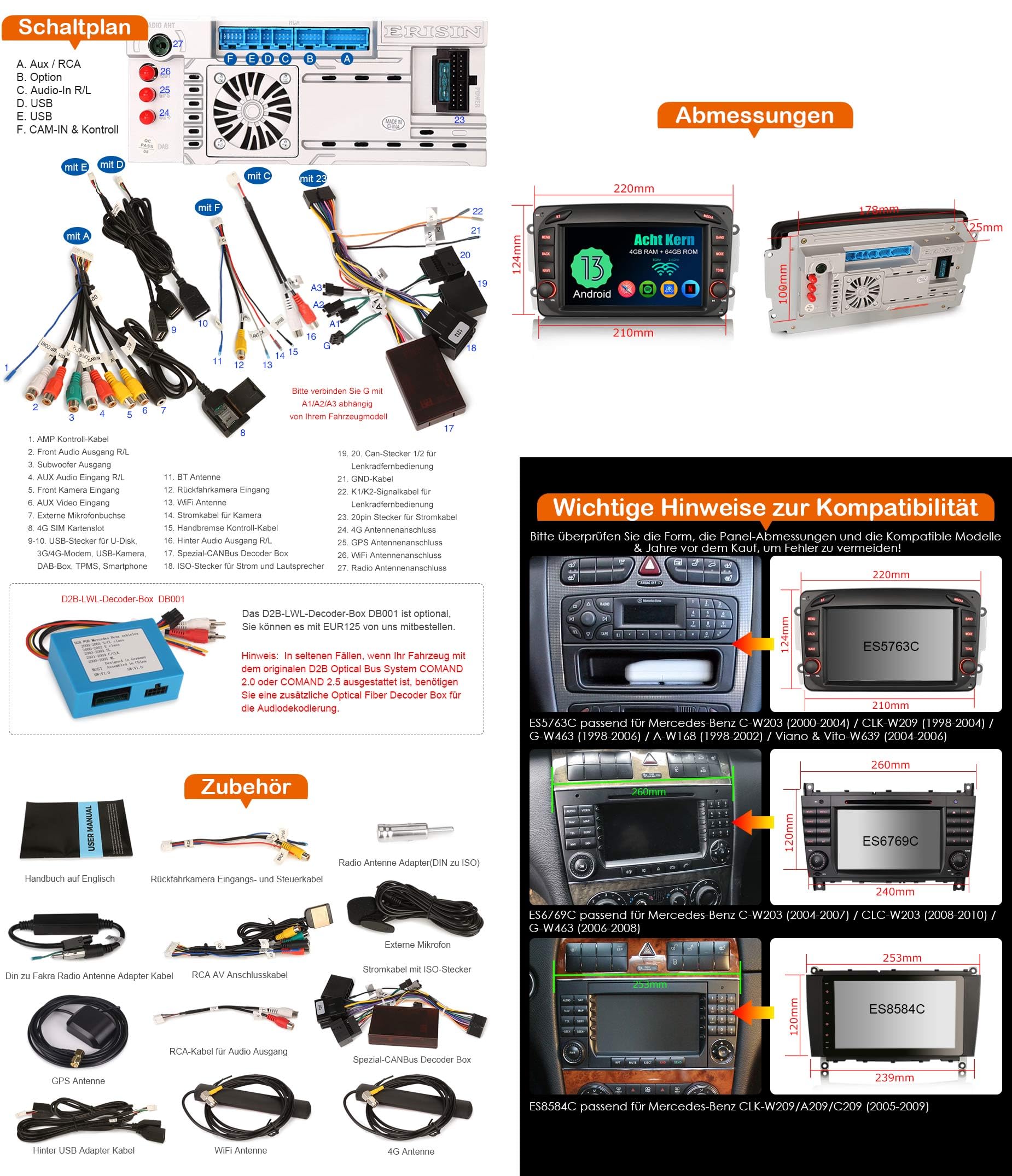 8-Núcleos Android 13 Autoradio Dab+ Radio de Coche para Mercedes Clase C/CLK/G/A W203 W209 Viano Vito GPS Navegación Estéreo Inalámbrico CarPlay Android Auto 4GB+64GB WiFi 4G USB Bluetooth DSP