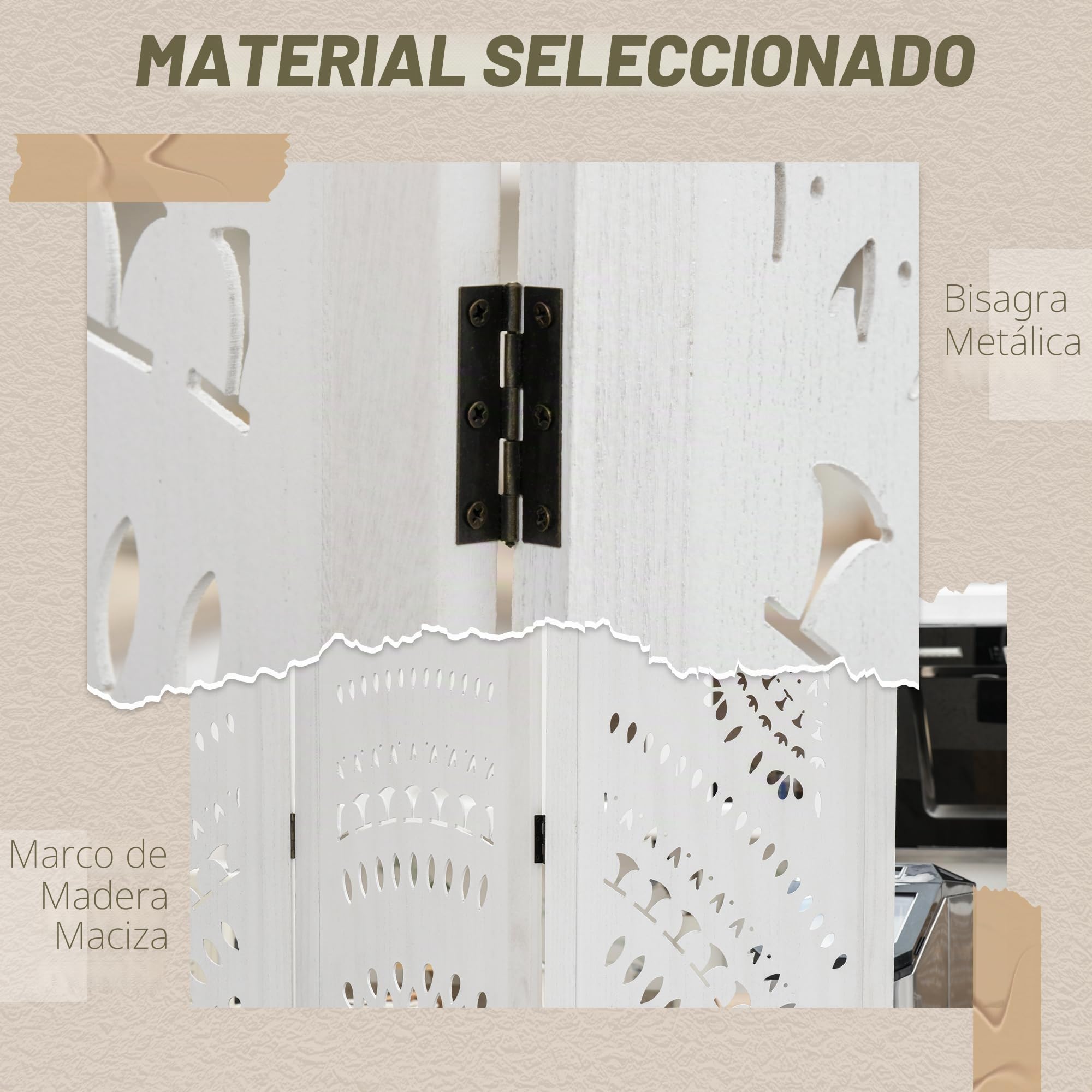 HOMCOM Biombo Plegable de 3 Paneles de Madera, 120x170 cm, Blanco | Biombo Separador de Ambientes, Patrones Tallados Elegantes, Decoración para Dormitorio, Salón