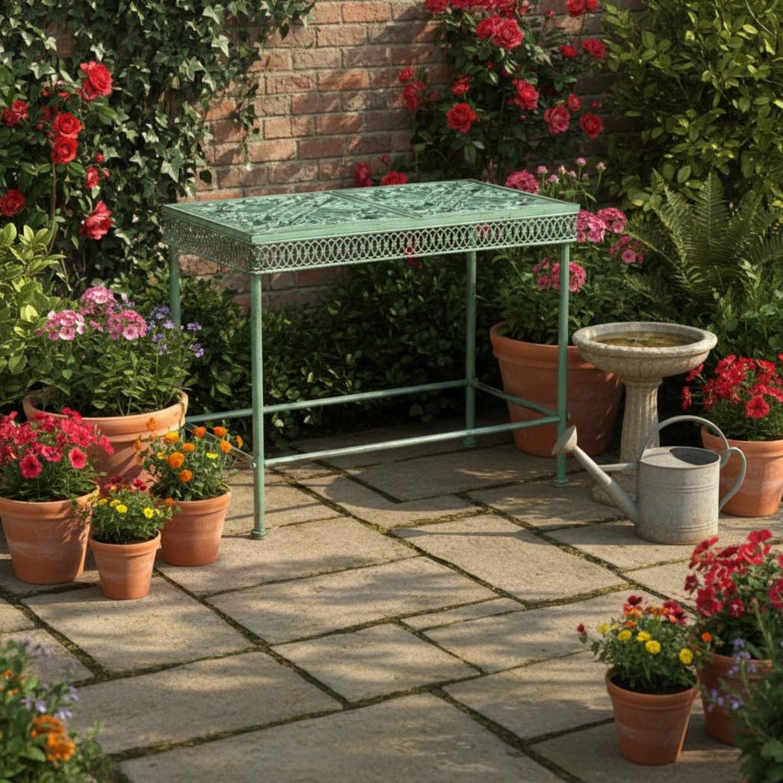 Présentoir Extérieur Support Plantes Étagère Table Jardin en Fer Forgé à Finition Vieillie Antirouille pour Pots et Livres Adapté Cour Terrasse Jardin Maison, Blanc