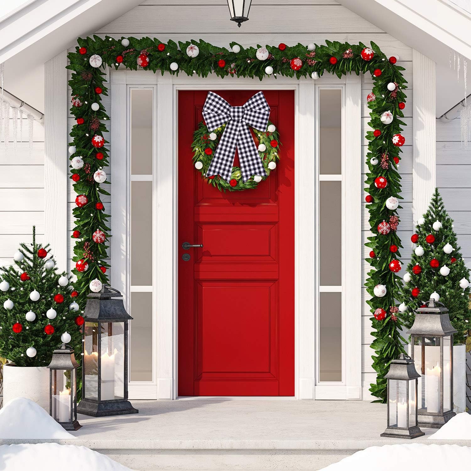 Aneco 2 Pack 12 x 18 Inches Black White Buffalo Plaid Christmas Bows Christmas Wreaths Bows Xmas Plastic Bows for Christmas Tree, Garland and Outdoor Decoration