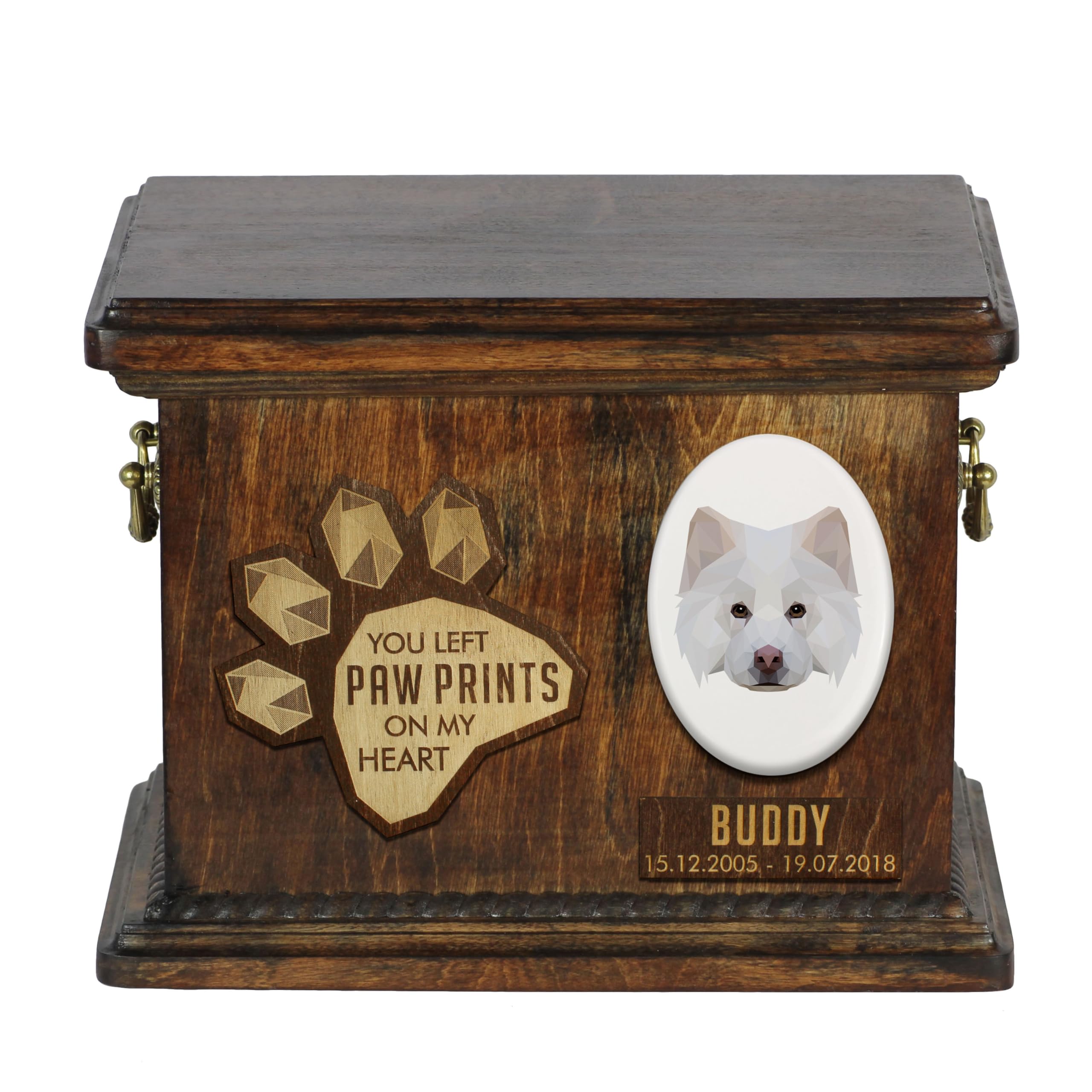 Art-Dog Custom Geometric Dog Memorial Urn - Handmade Wooden Urn โ Decorative Ceramic Plate - Custom-made Dog Cremation Box for Ashes - 8,3x11,4x8,7โ โ Finnish Lapphund โ image 1