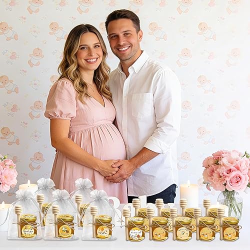 Miniatura 6 de Aliggbent Paquete de 48 mini tarros de miel para fiestas a granel, tarros de miel pequeños hexagonales de vidrio de 1.5 onzas con varitas de miel