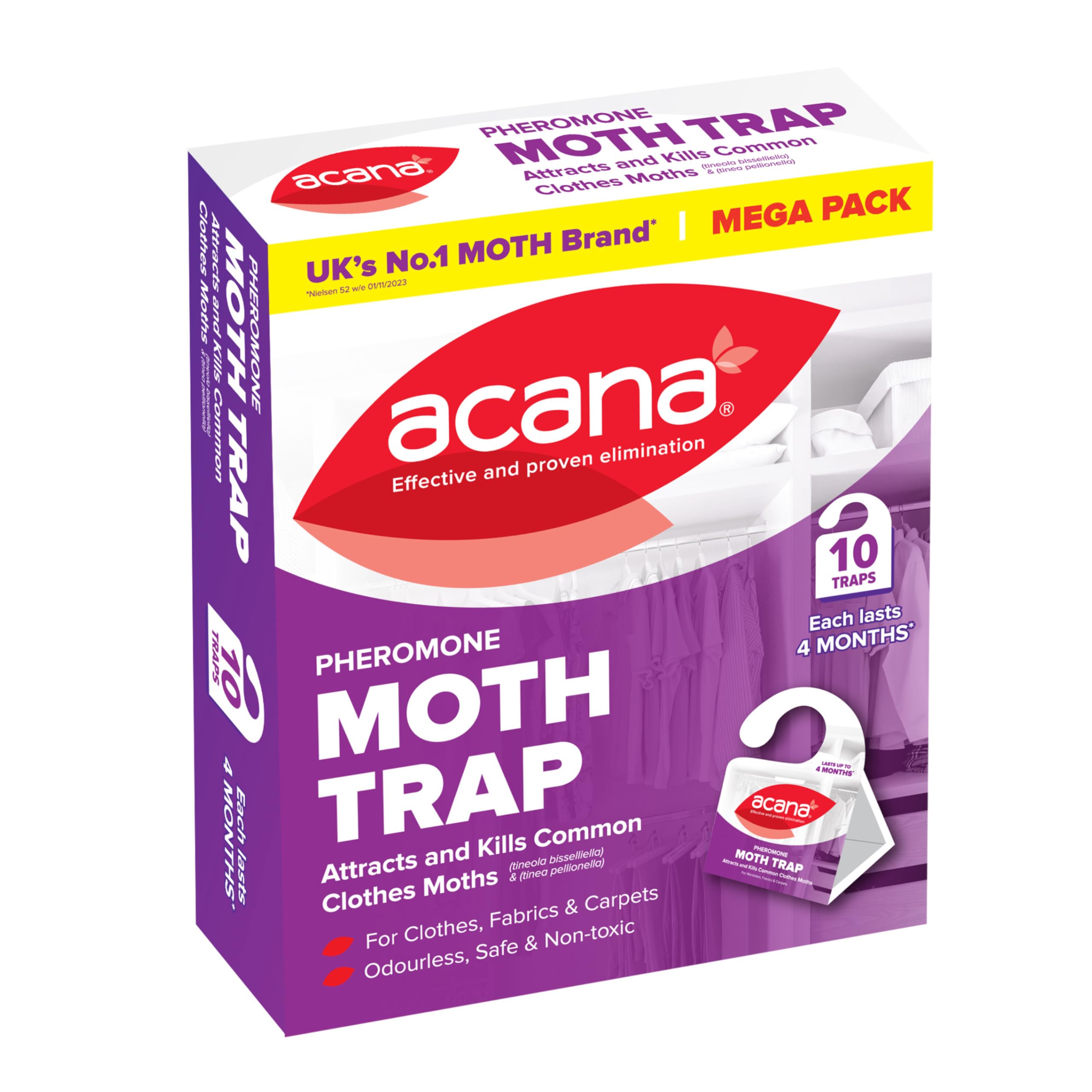 Acana Clothes Moth Traps 10 Pack – Attracts & Kills Clothes Moths with Natural Pheromone Glue Boards – Non-Toxic, Insecticide-Free Protection for Wardrobes & Drawers - Protects Clothes and Fabrics