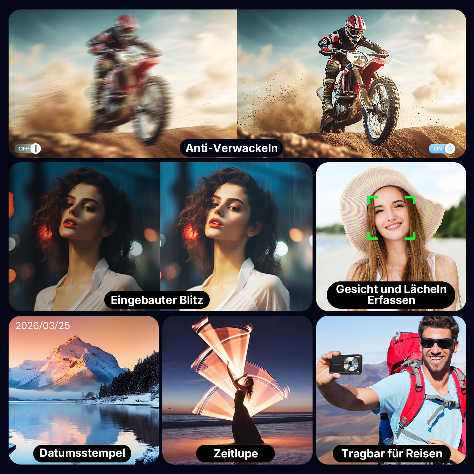 Digitalkamera Kamera Fotokamera 4K 64MP mit Autofokus, Dual-Objektiv, 2,8-Zoll Bildschirm, 16X Digitalzoom, Zwei Akkus, 32GB Karte für Jugendliche, Anfänger, Kinder