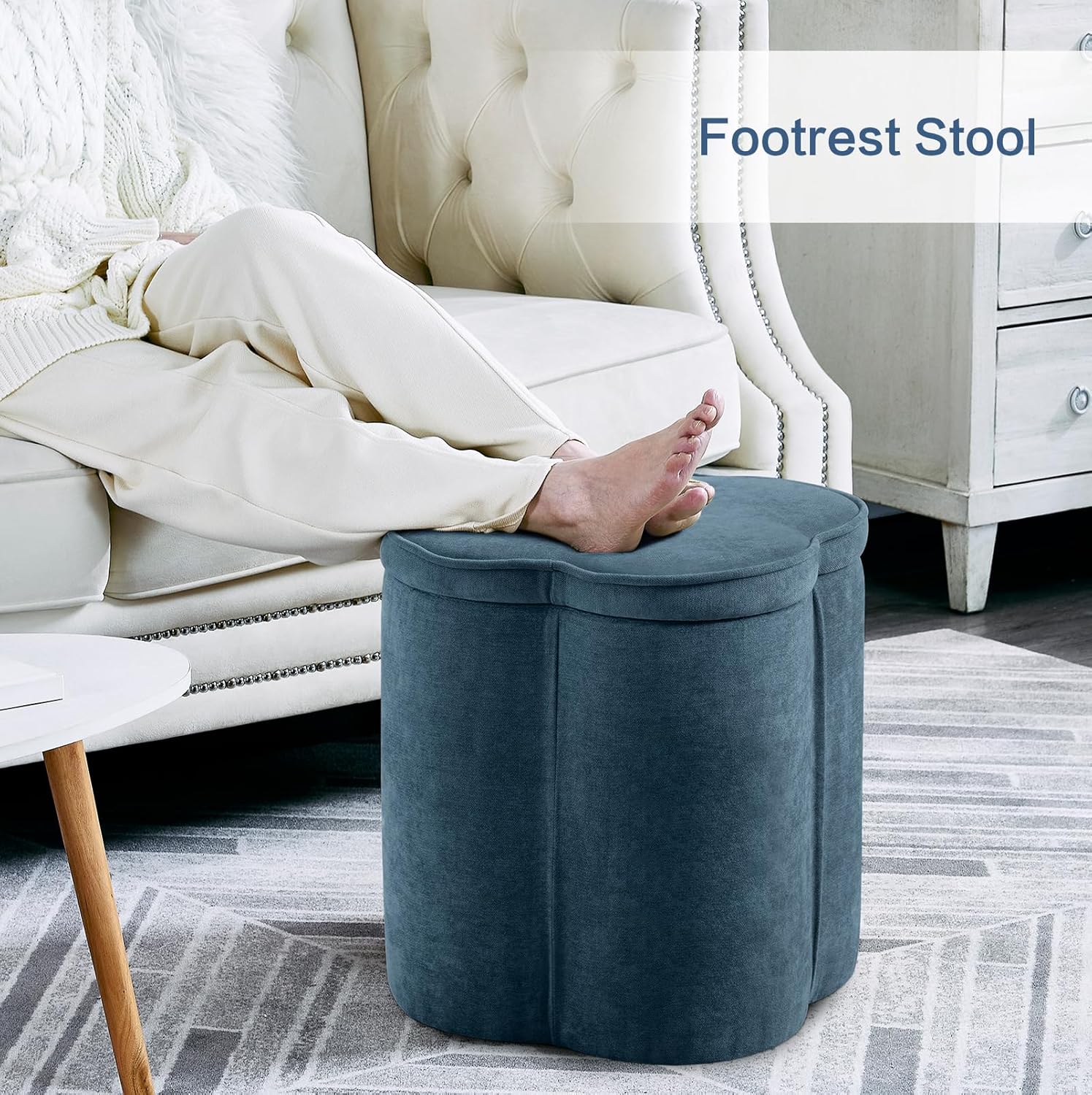 Crestview Collection Flower Pouf Ottoman with Storage,Chenille Fabric Foot Rest for Couch, Small Mordern Footstool for Vanity, Bedroom, Living Room,Under Desk, Navy Blue,18 inches