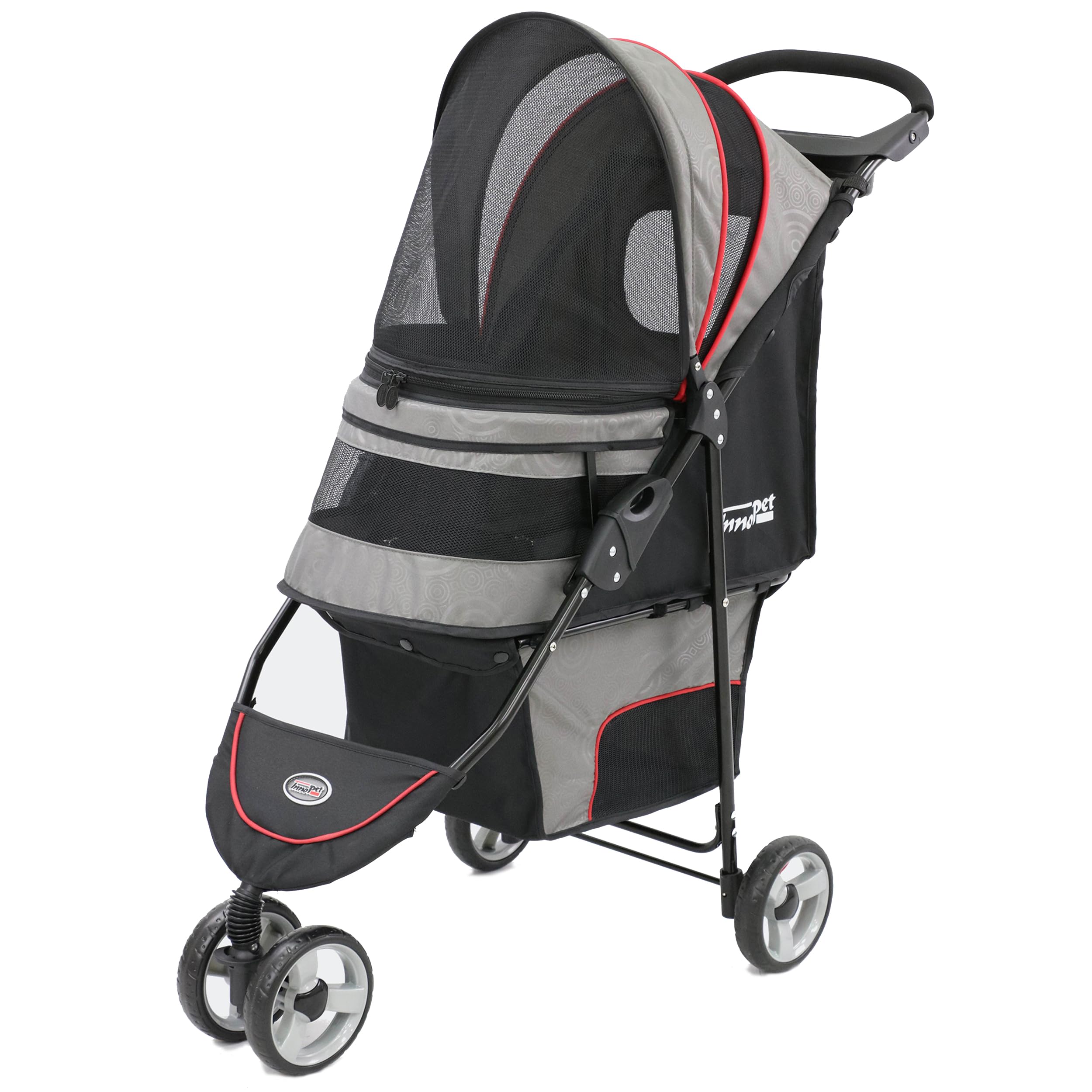 Passeggino leggero Innopet Avenue per cani e gatti, grigio/rosso - Passeggino urbano compatto per animali domestici con copertura antipioggia, cinture di sicurezza e cestino portaoggetti