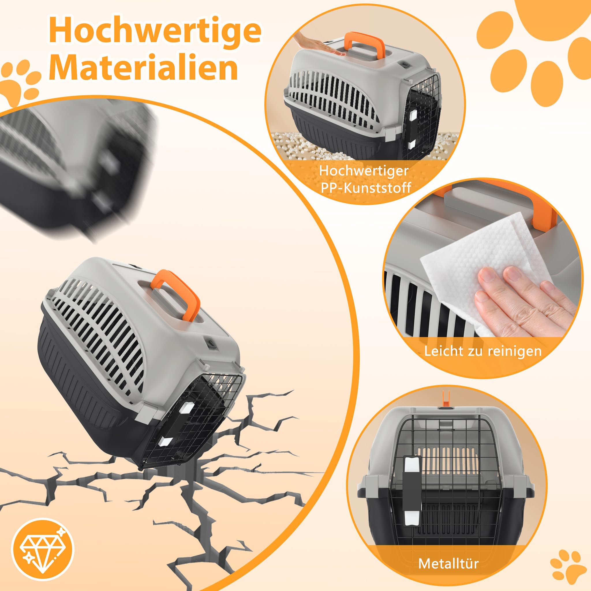 YUENFONG Transportbox Katzen 61x37x37cm Katzentransportbox für kleine Hunde, Tiertransporter aus ABS & PP Kunststoff Material, mit Metalltür & Napf, Grau und Schwarz