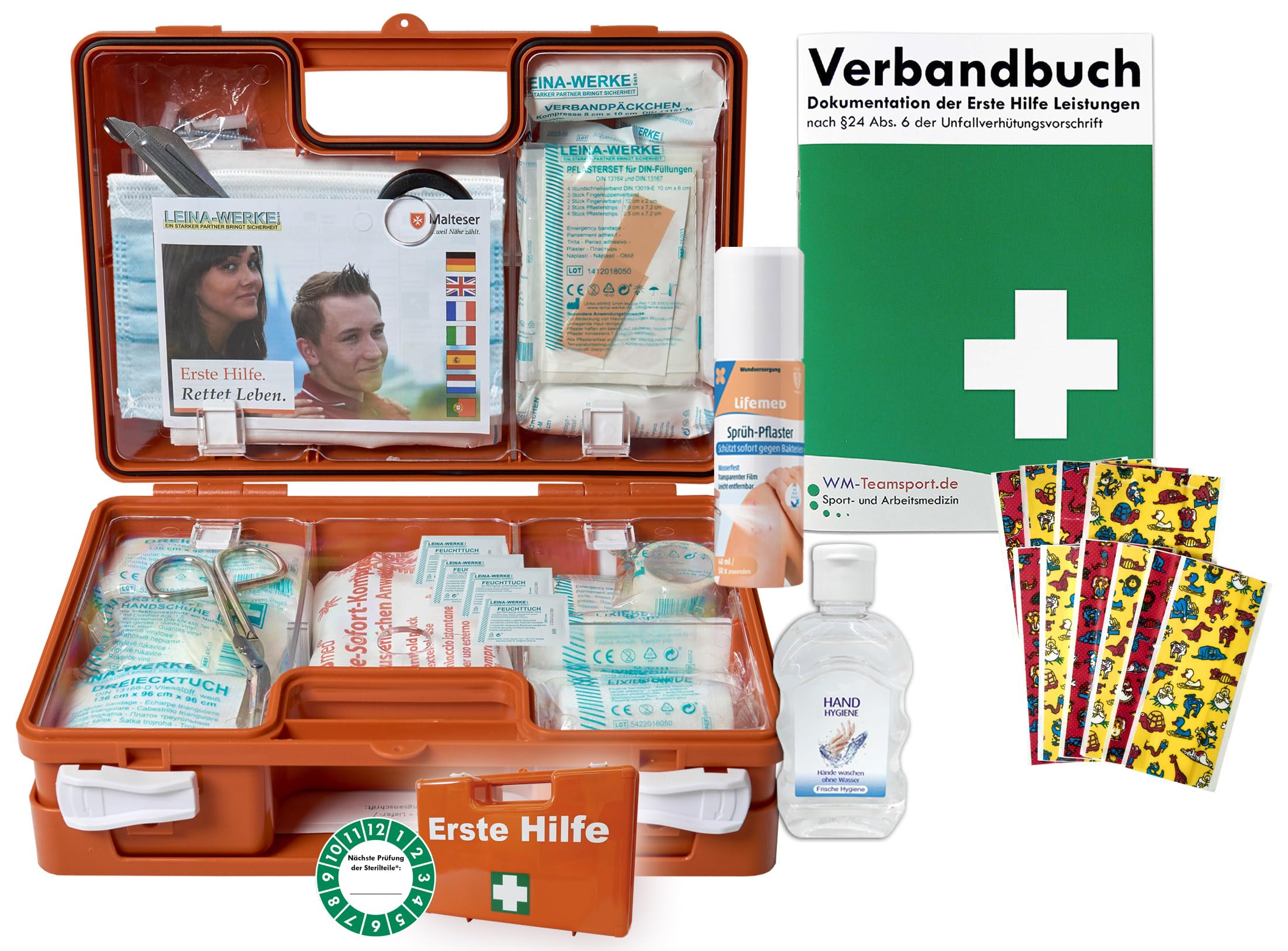 Erste-Hilfe-Koffer KITA M1 inkl. Sprüh-Pflaster & Hygiene-Gel nach aktueller DIN/EN 13157 für Betriebe + DIN/EN 13164 für KFZ - incl. Verbandbuch