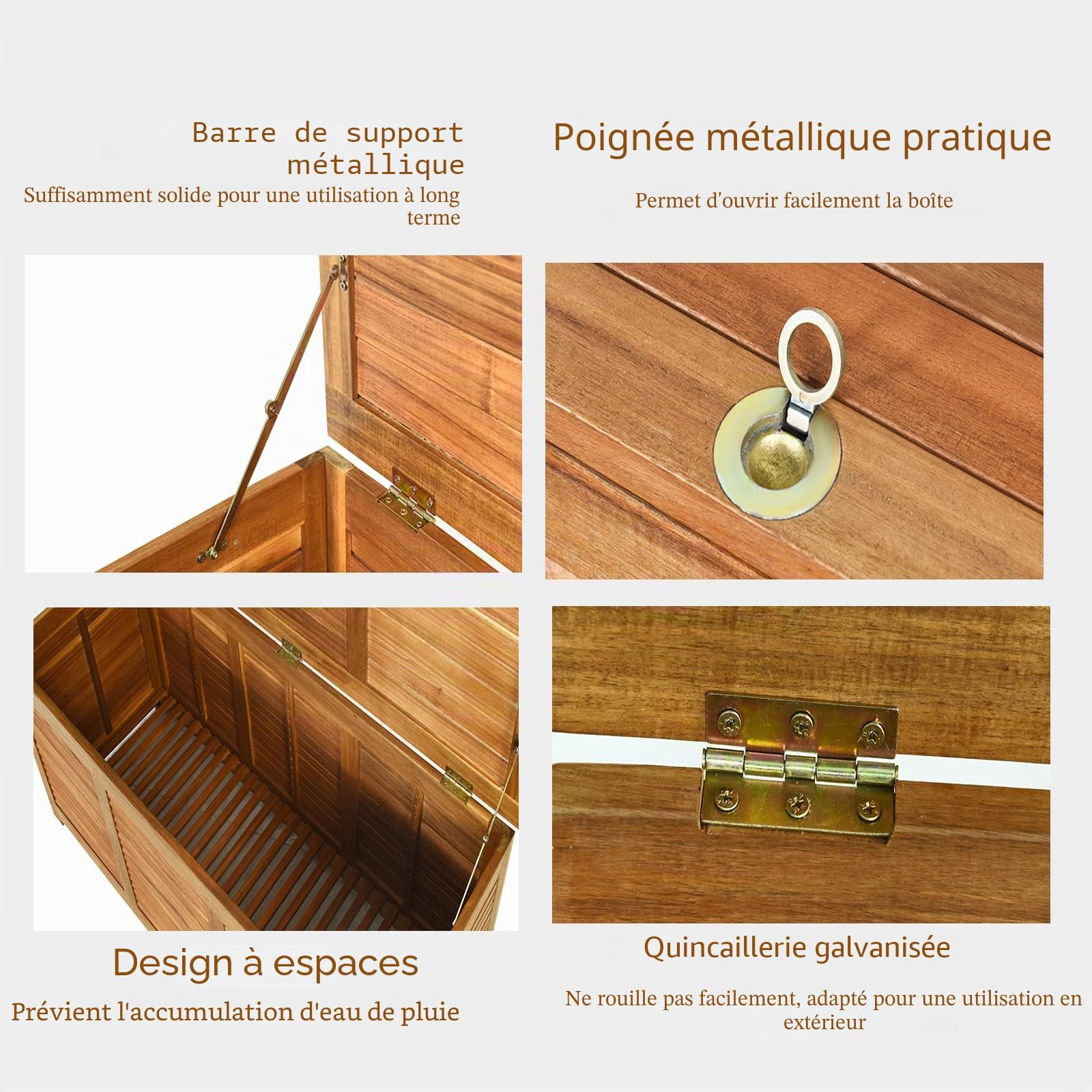 KOMFOTTEU Coffre Jardin Bois d'Acacia, Barre de Support, Charge 150KG