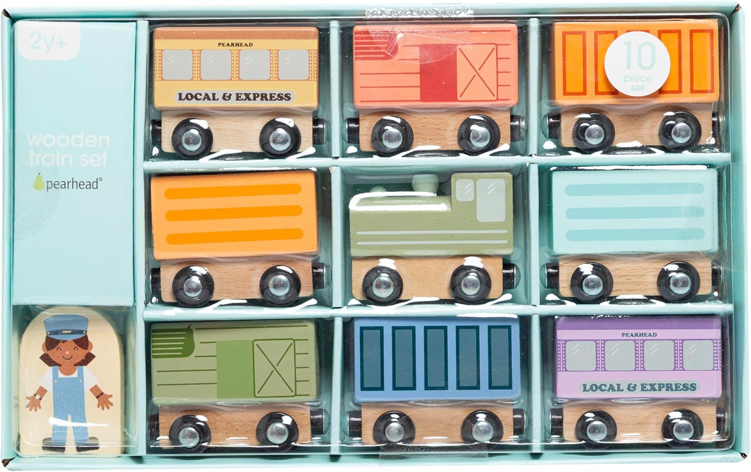 Pearhead Wooden Train Set for Toddlers – 10-Piece Magnetic Train Cars, FSC-Certified Wood, Montessori STEM Toy, Develops Fine Motor Skills, Compatible with Major Brands, Boys and Girls, Ages 2 3 4