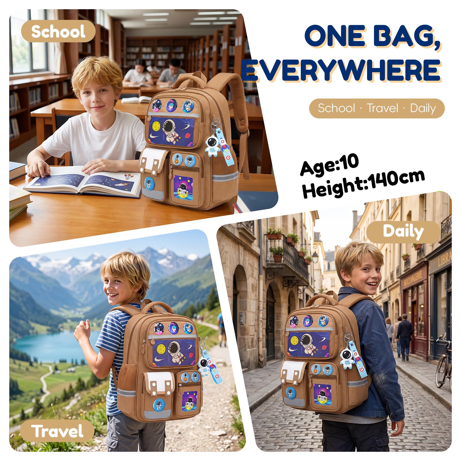 Amythe Zaino Bambino Scuola Elementare 8-12 Anni – Zaino Ergonomico Leggero con Strisce Riflettenti, Scomparto A4, Oxford 600g – Astronauta per Rientro a Scuola -Marrone