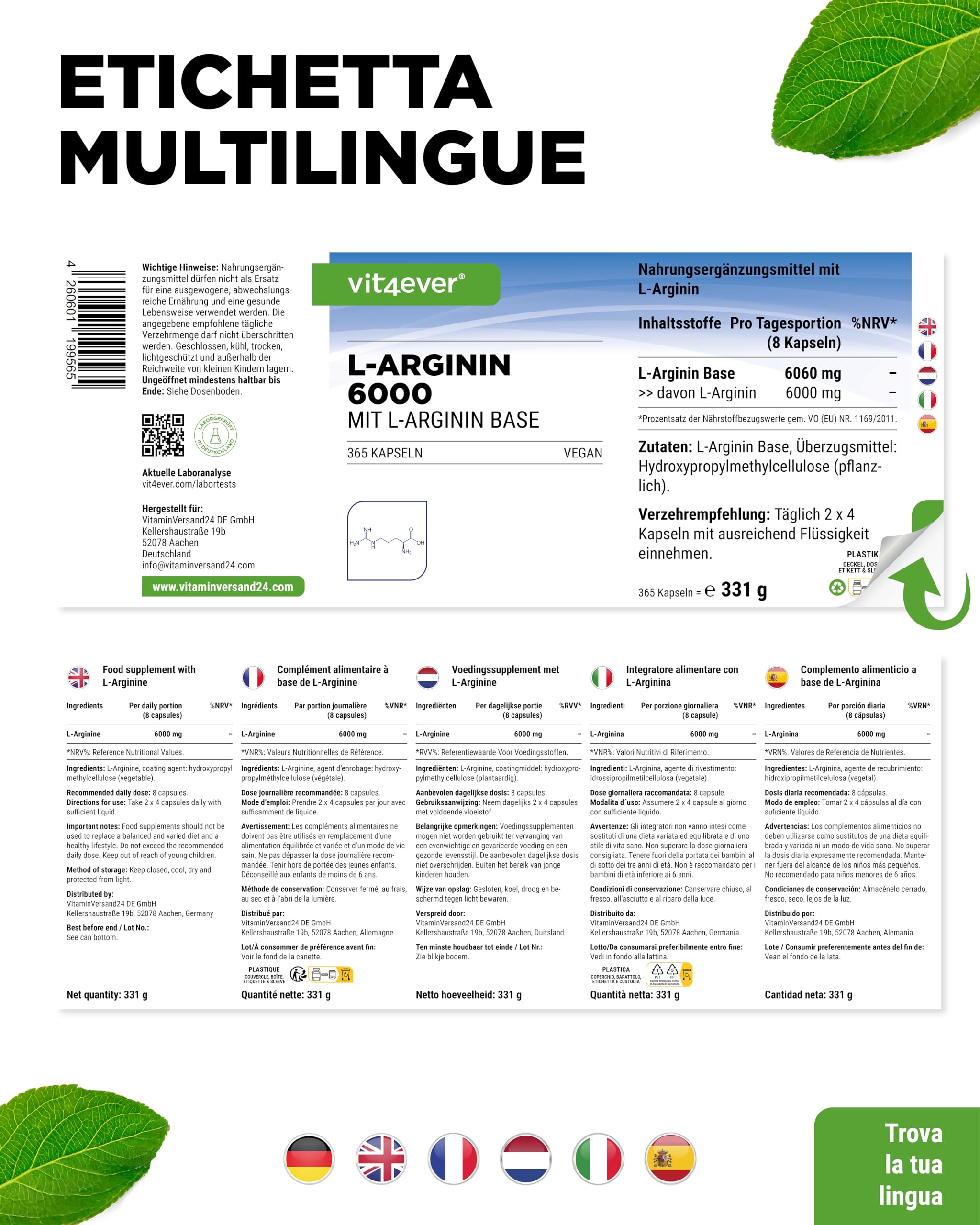 L-Arginina - 365 capsule - 6000 mg di L-Arginina pura per dose giornaliera - Prodotta per fermentazione vegetale - Altamente dosata - Senza additivi - Vegan