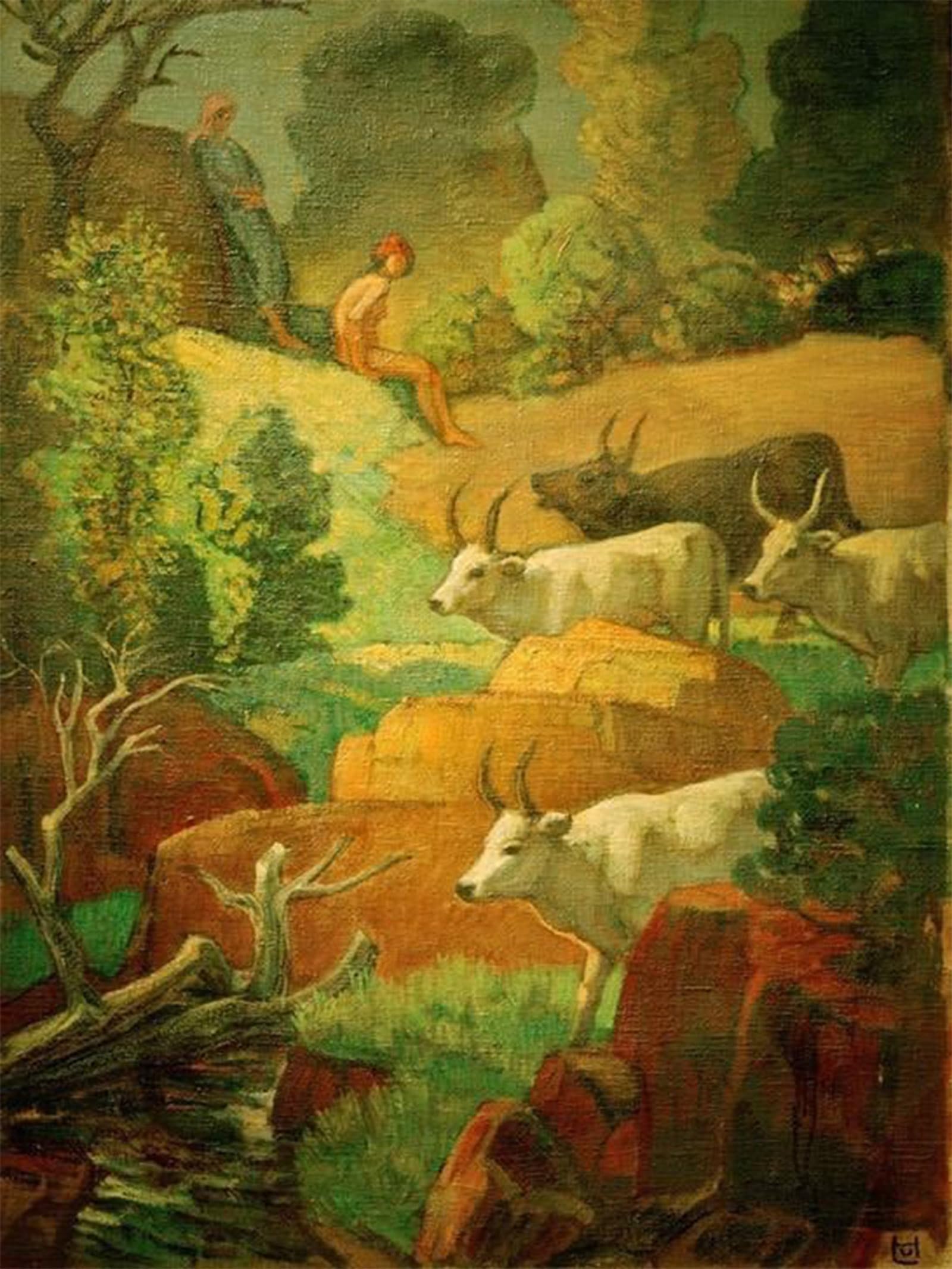 SERENDIPITP Abstract Painting Mural Print Picture Wall Decor Painting Rinder an Der Tränke by Ludwig Von Hofmann Vintage Wall Artwork for Home Decor 60x90cm