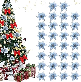 30Pcs Fleurs de Noel,Décorations de Noël,Fleurs pour sapin de Noël,Noël Décor De Fleurs,Fleurs De Noël de Artificielles,Fleurs de Noel pour Le Nouvel an,Artificielles fleurs pour sapin de Noël (bleu)