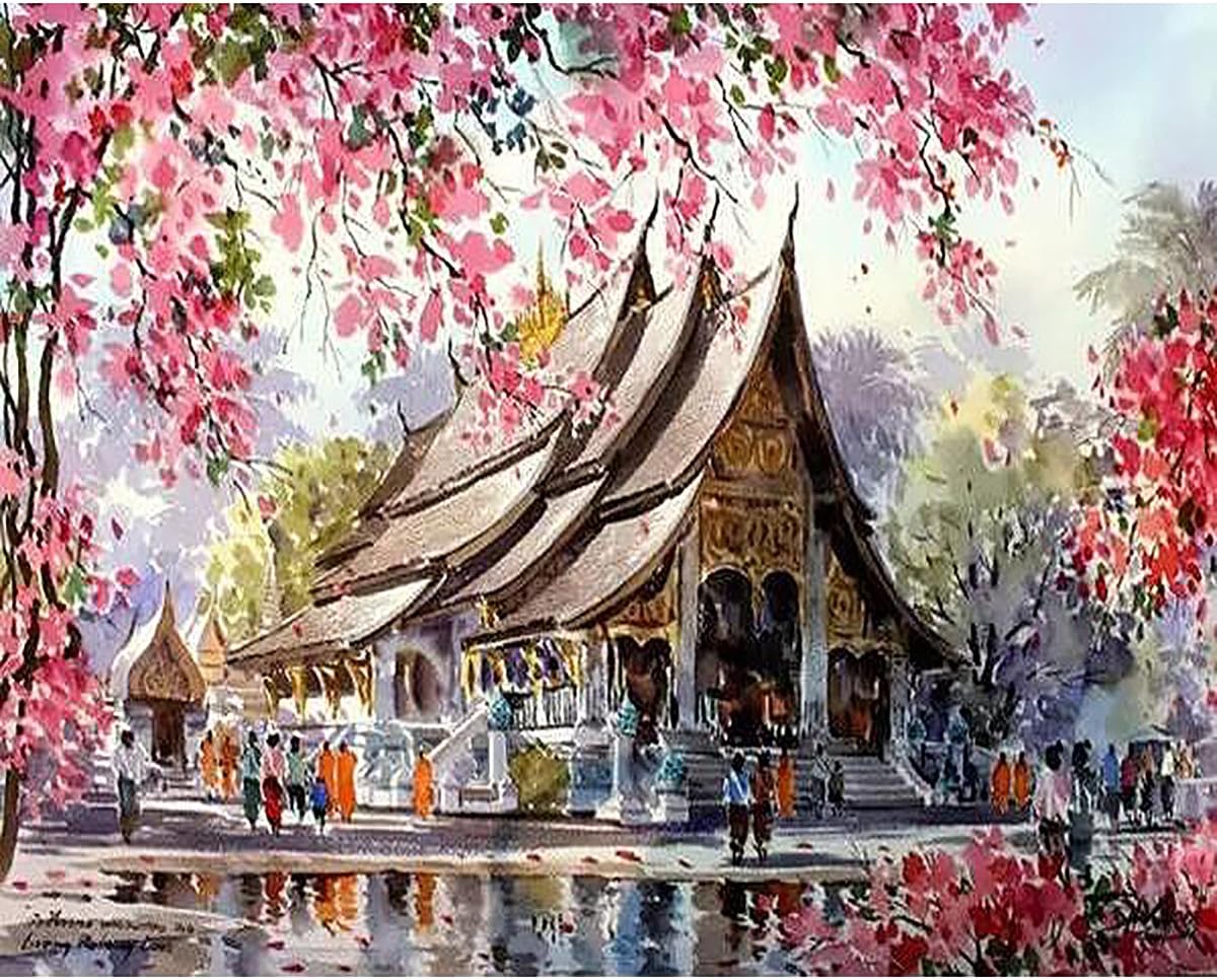 Spinger DIY Oil Painting, Paint with Number Kit for Home Wall Decor Art Gift, Thai Temple