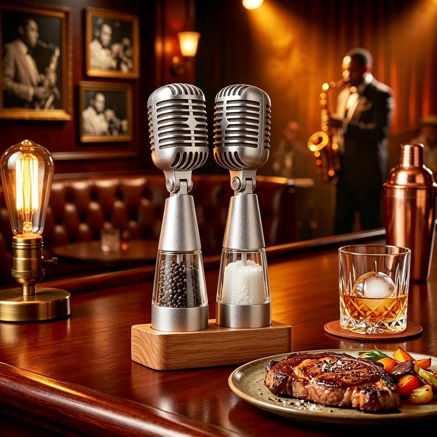 Generic Vintage Microphone Seasoning Grinder Set, 2 Piece Manual Salt and Pepper Grinder, Multi-Functional Microphone Seasoning Grinder, Adjustable Spice Mill, Novelty Kitchen Decor.