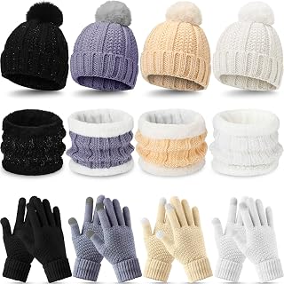 12 Pcs Winter Beanie Hat Scarf Touchscreen Gloves Set Fleece Lined Knit Beanie Hat Neck Warmer Scarf for Men Women (Black, White, Beige, Gray)