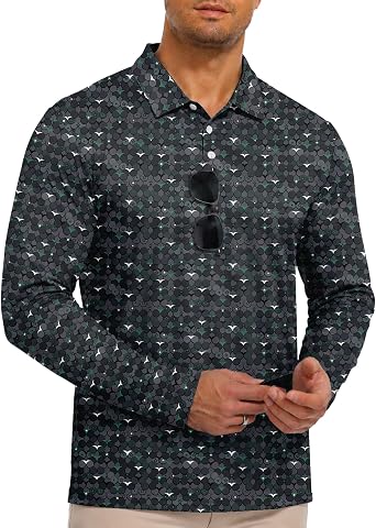 ZITY Mens Long Sleeve Golf Shirts Print Polo Shirts UPF 50+ Sun Shirts