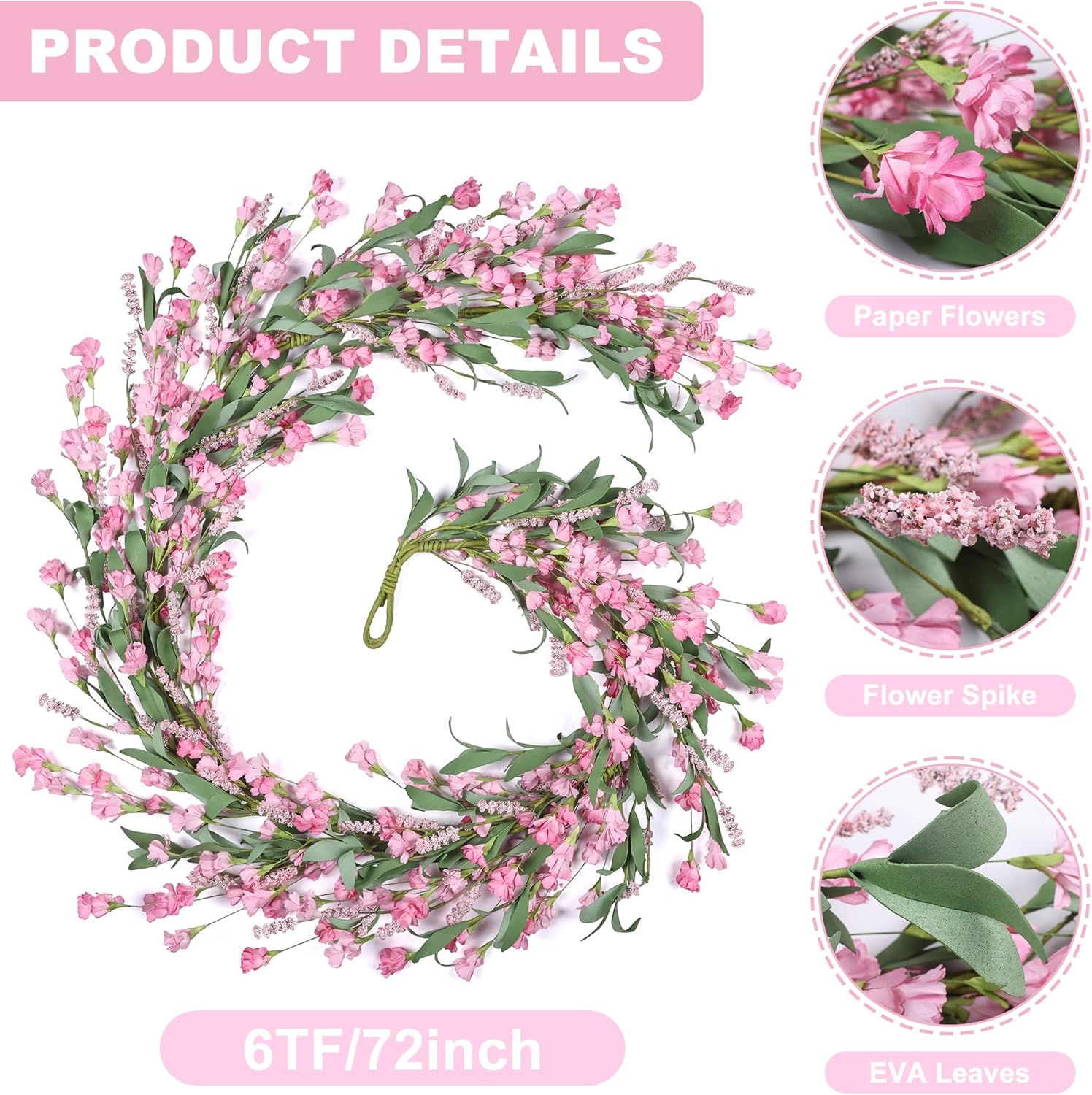 Artgar Flower Garland 6Ft Spring/Summer Garland Floral Garlands for Mantle All Year Round Paper Garlands Decor for Indoor Outdoor Home Wedding Arch Porch Stair Backdrop Year Round Decor (Pink)