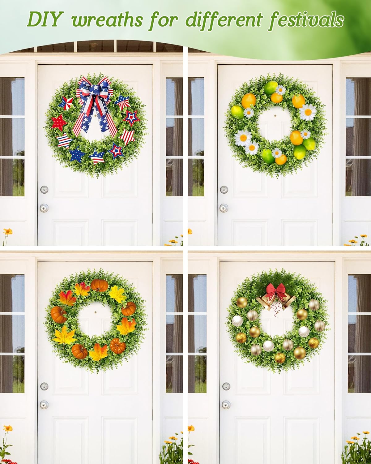 Vlorart 24 Inch Large Boxwood Wreath for Front Door, Artificial Spring Summer Wreath with Sash for Porch Window Wall Farmhouse Wedding, Green Wreaths for Year Round Indoor & Outdoor Home Decorations