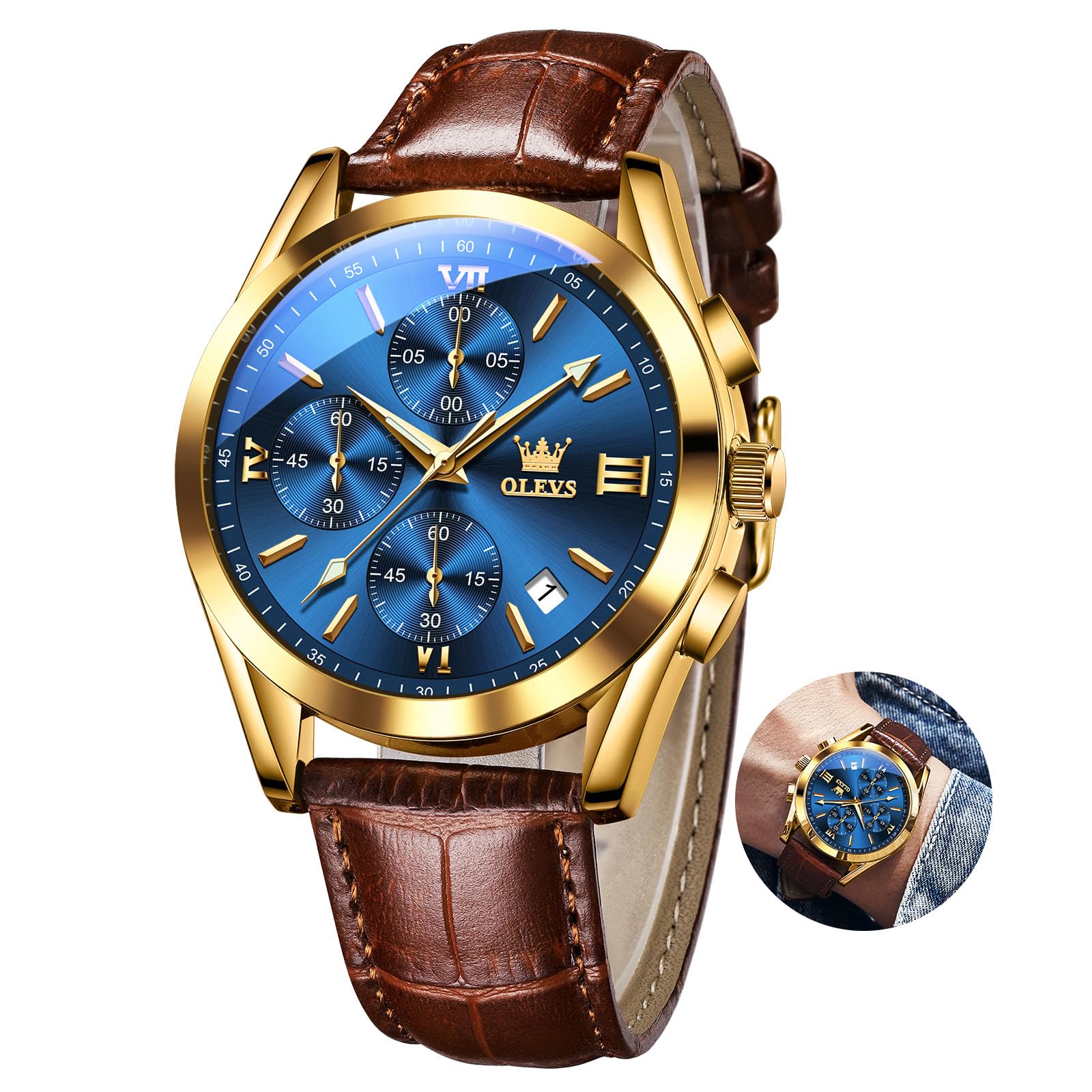 OLEVS Vintage Herrenuhren mit Lederarmband Großes Zifferblatt Armbanduhr Herren Wasserdicht Leuchtende Analog Kleid Uhren Herren mit Datumsanzeige