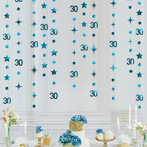 Decoraciones de cumpleaños número 30 color azul aguamarina, guirnalda de estrellas con círculos y lunares metálicos para colgar en banderines, telón
