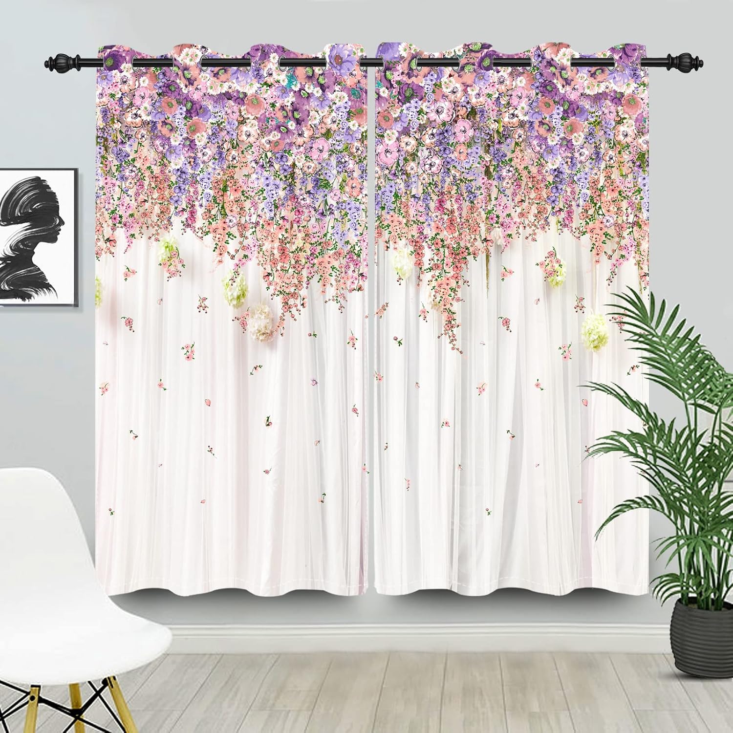 Yeele 21x63inches Floral Window Curtains Purple and Pink Weeping Flowers Room Darkening Window Panel Set Noise Reducing Thermal Insulated Grommet Window Treatment Drapes for Girls Bedroom Decor