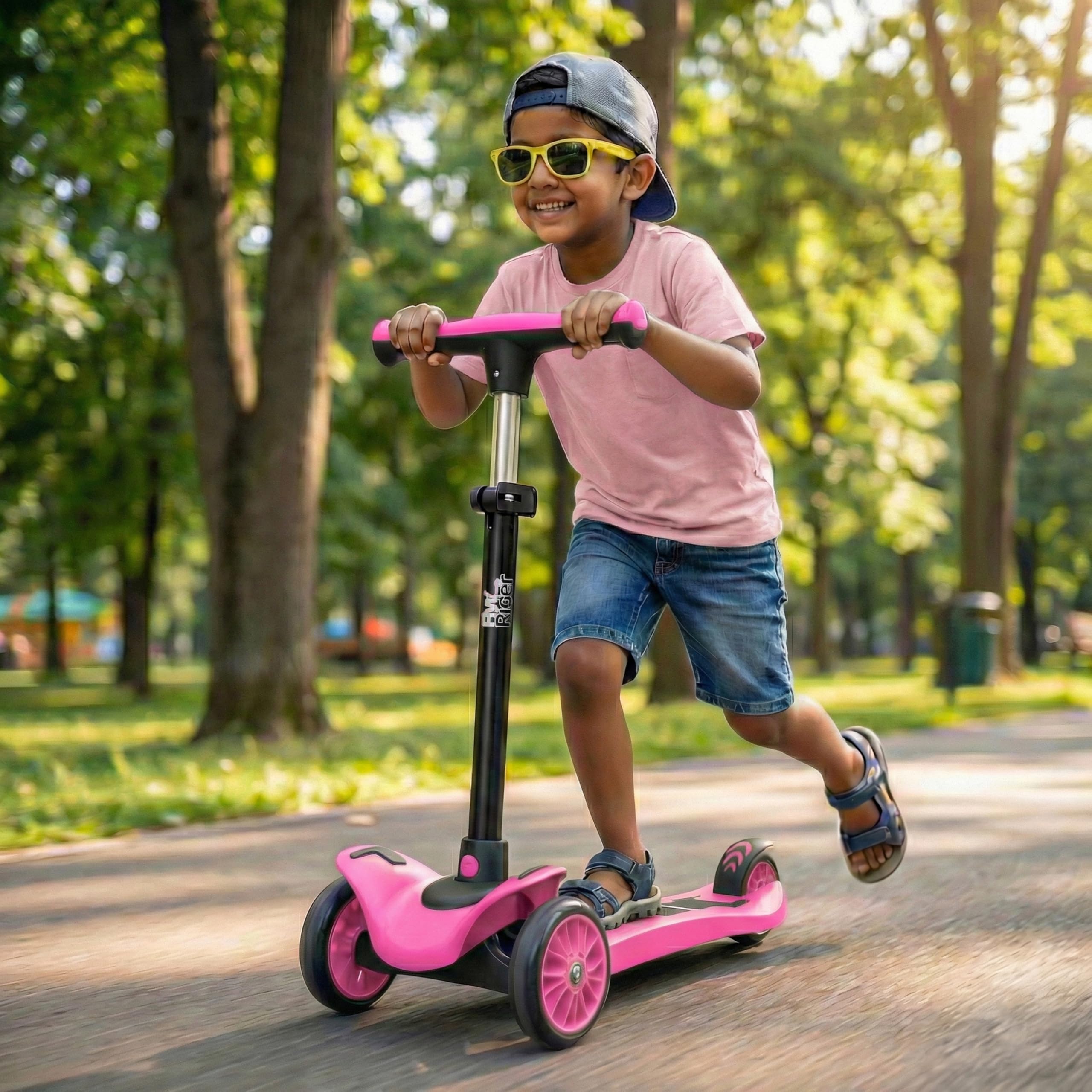 Road Runner Kids Kick Scooter | 2-7 | Years, 4 Level Height Adjustable, Weight Capacity Up to 80Kgs, Boy & Girl Skate Scooter, Unisex Pink Scooter, 3 Wheel Kick Scooter for Kids