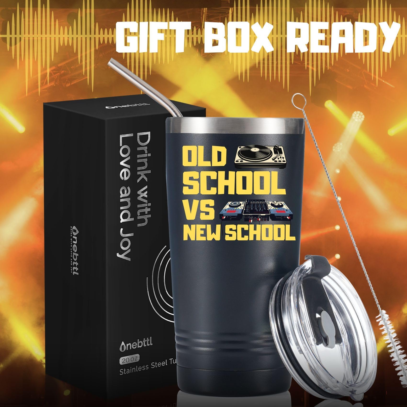 Onebttl DJ Gifts for Men, Women, Disc Jockey Gifts, DJ Tumbler, Old School New School, Gifts for Disco Lovers, Bar Lovers, Stainless Steel Tumbler 20OZ - Black, Manual