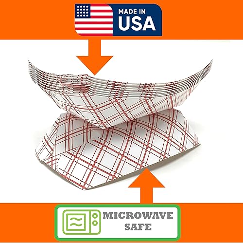 Miniatura 4 de Bandejas de papel para alimentos, papel a cuadros rojo y blanco. Extra pequeñas (12 lb). Paquete de 250, botes desechables y reciclables. Para
