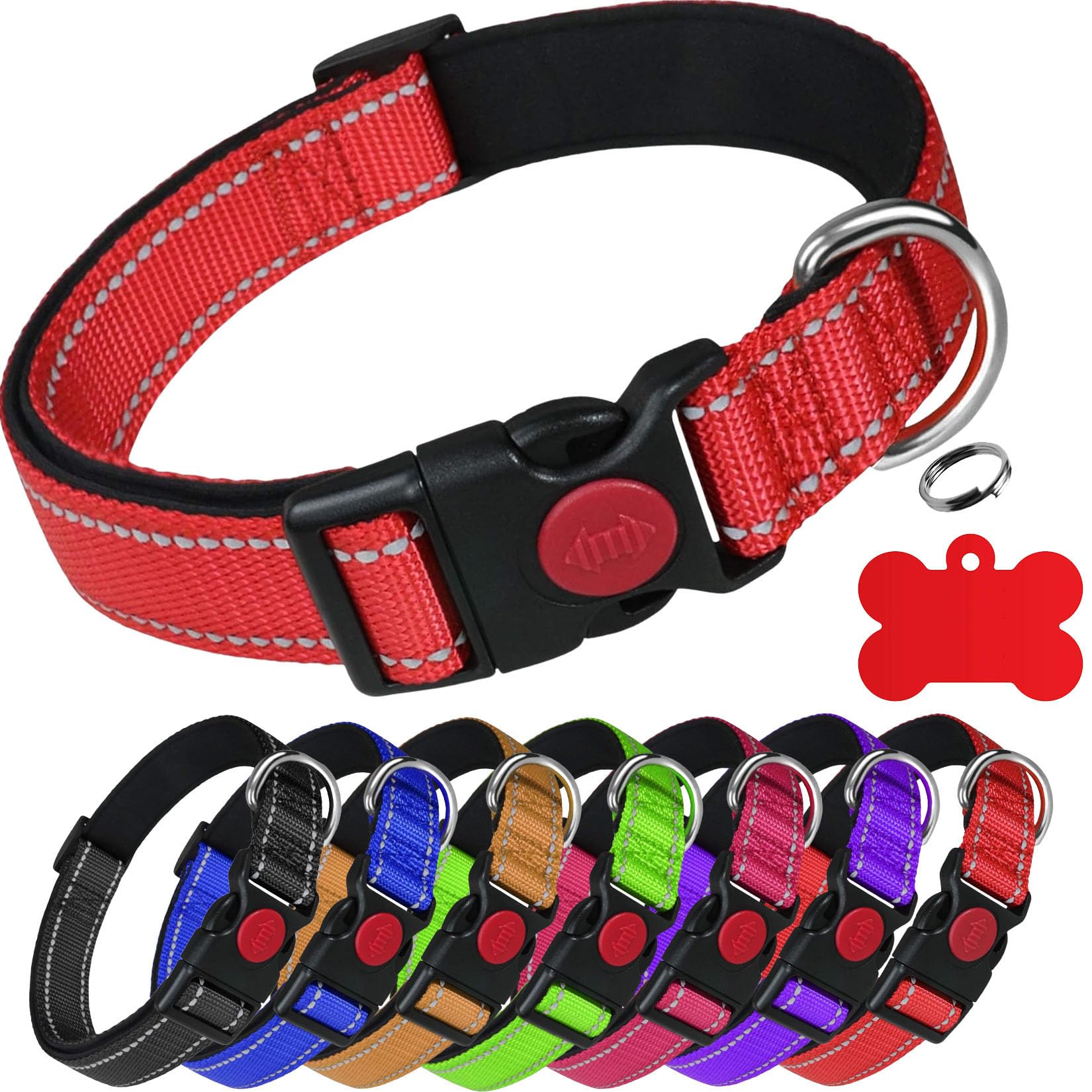 LARRYROO Reflective Dog Soft Padded Nylon Collar | Slide Lock Safety Buckle | Fully Adjustable With Personalised Engraved Matching Colour Bone Shaped Tag (Red, Extra Small (20cm - 30cm Neck))