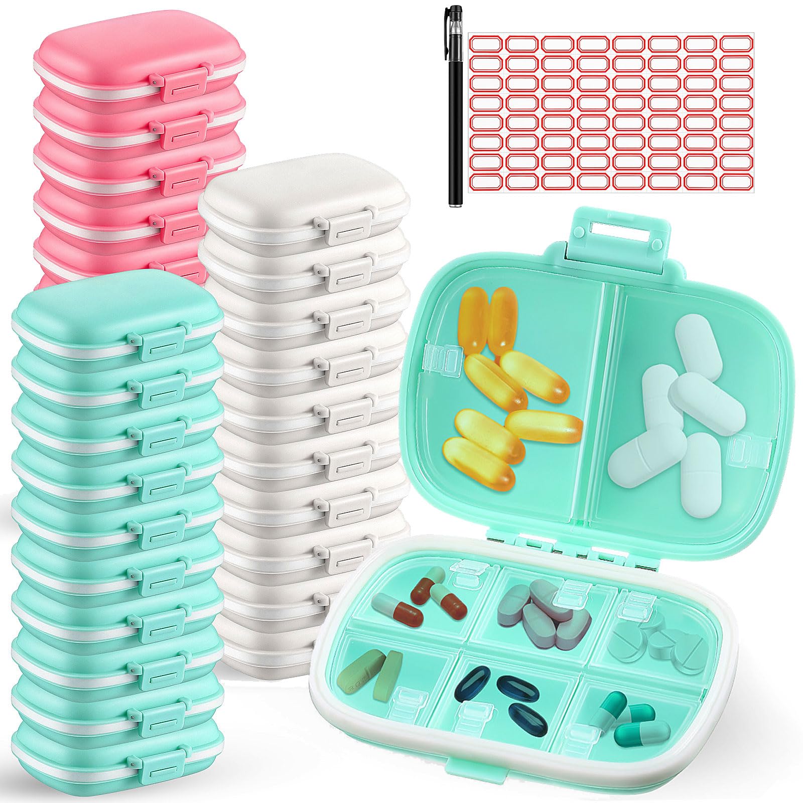 Layhit 30 Pack Travel Pill Boxes Bulk Small Case Portable Pill Organizer 8 Compartments Box Dispenser Daily Vitamin Jewelry Organizer with 256 Pcs Labels 1 Pen(White, Blue, Pink)