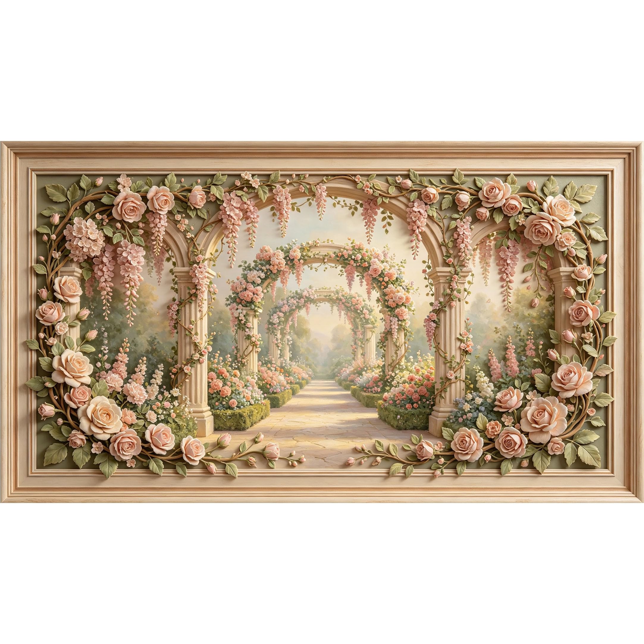 QZLITHOTIC 50×90cm3D Framed Wall Art， Romantic Rose Garden Archway Botanical Self?Adhesive Mural， Water?Activated Peel & Stick Fabric Decor Wall Decal for Bedroom Living Room