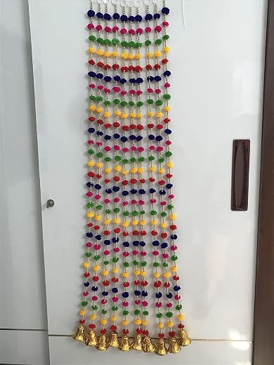 TATHAGATA Handmade Wall Door 2 ft. Multicolor Hanging Pom Pom Garland Bandhwar with Golden Bells Decoration Item for Home ...