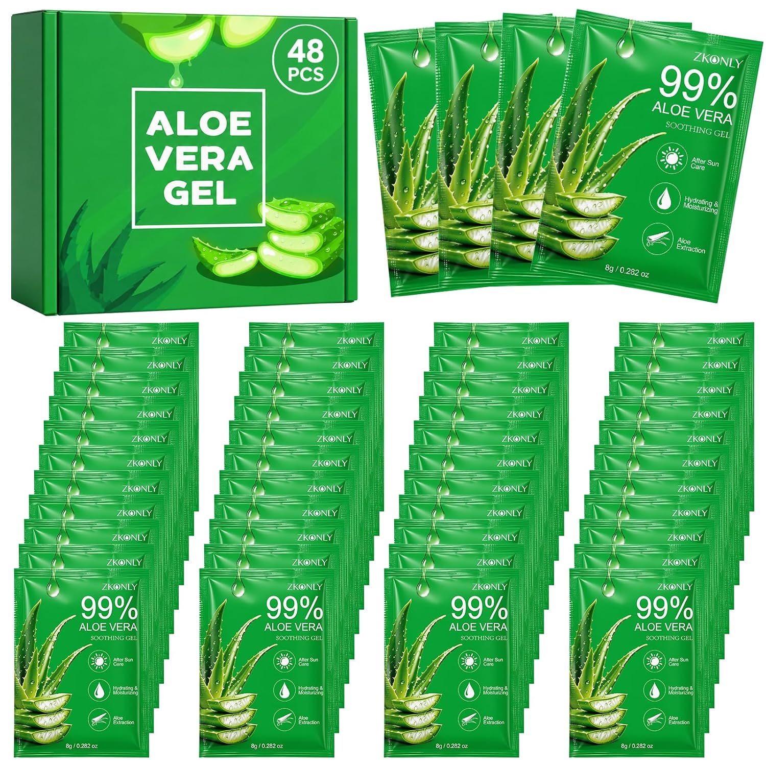 Aloe Vera Gel 48 Pack, Pure Aloe Vera Gel for Face Body Skin & Hair, Travel Size Hydrating Skincare for After Sun Skin Care
