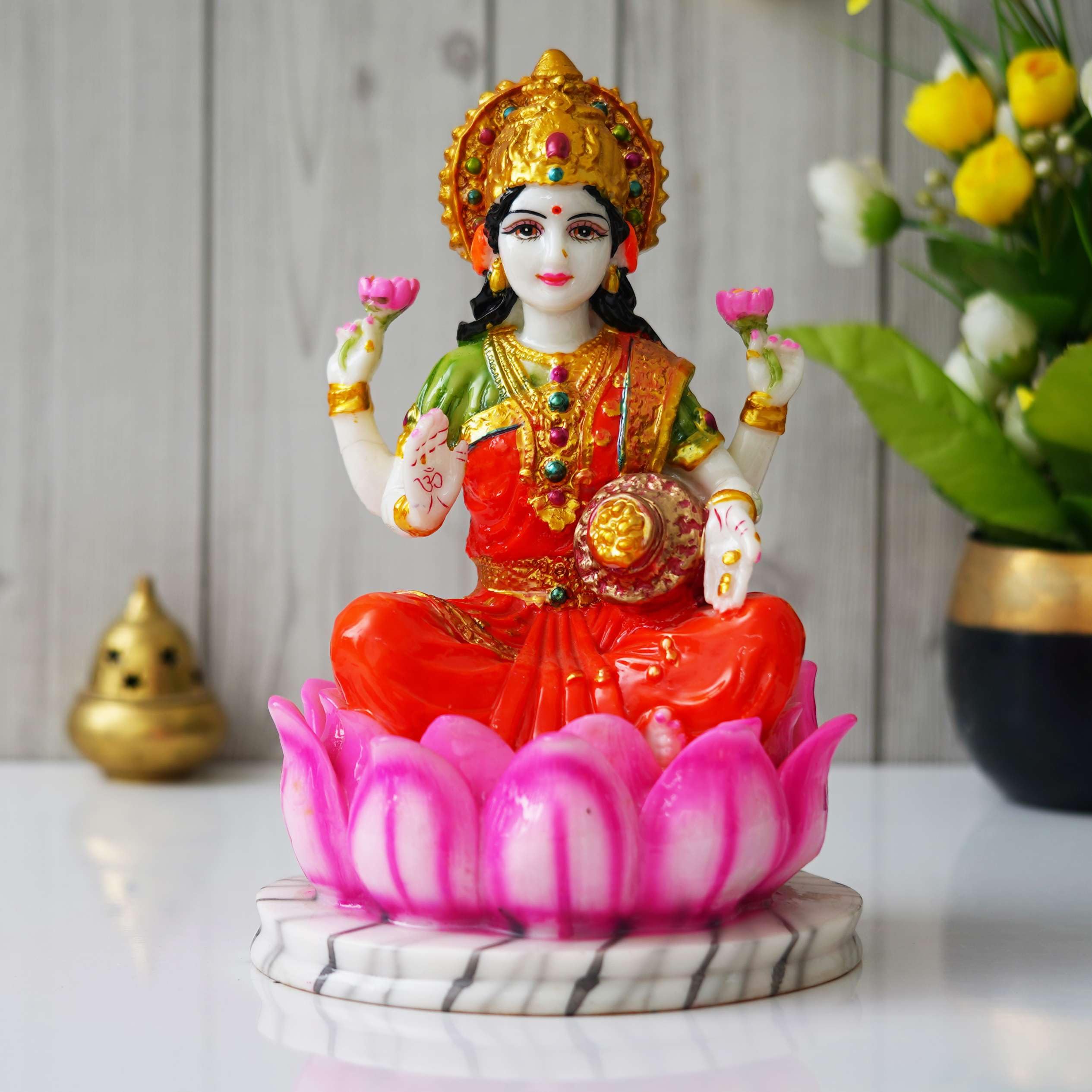 Diya Elegance Hub Lakshmi Mata Marble Dust Statue/Laxmi Idol for Home Temple Statue Sitting on Lotus Flower (10.5 Inch), Medium, White