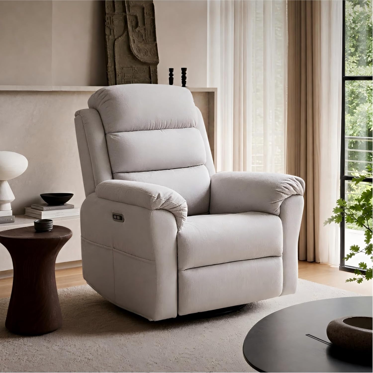FLEXISPOT Souffle-Pro Swivel Rocker Recliner Chair, Power Nursery Glider Recliner with Massage & Heat, Adjustable Headrest, Oeko-TEX Fabric, FSC Wood Frame Ideal for Nursery & Home, Light Grey