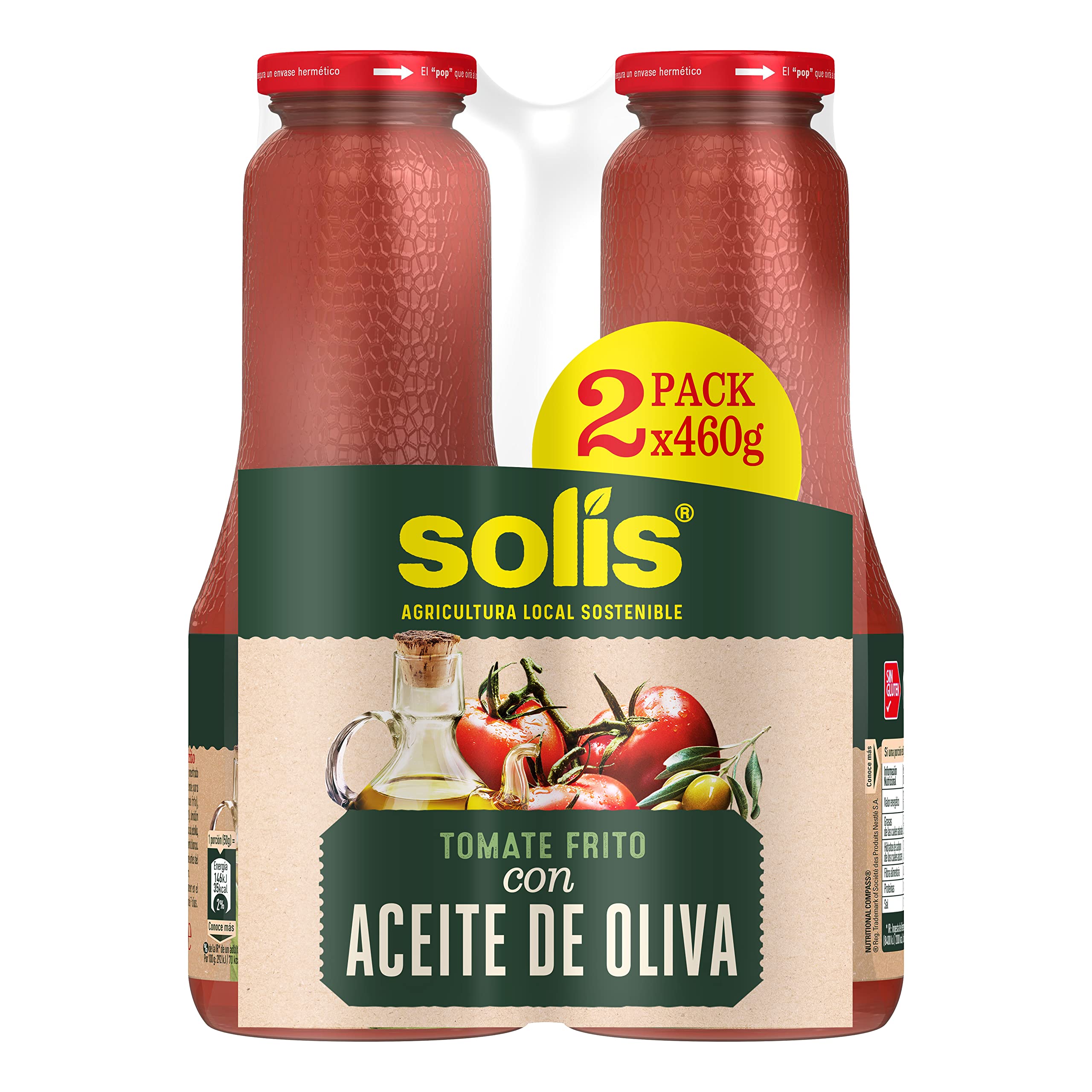 SOLÍS Tomate Frito con Aceite de Oliva Bipack Frasco Cristal- Sin Gluten - 2 x 460 g