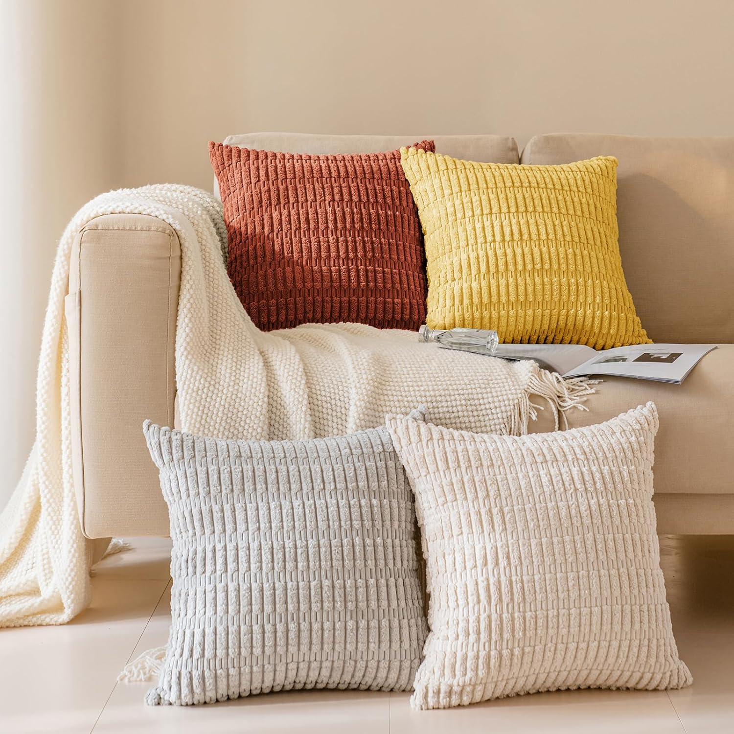 Softalker Fall Throw Pillow Covers 22x22 Inch, Set of 2, Corduroy Soft Striped Farmhouse Boho Pillow Cover, Modern Decorative Cushion Pillow Case for Couch Sofa Bedroom Living Room(Burnt Orange)