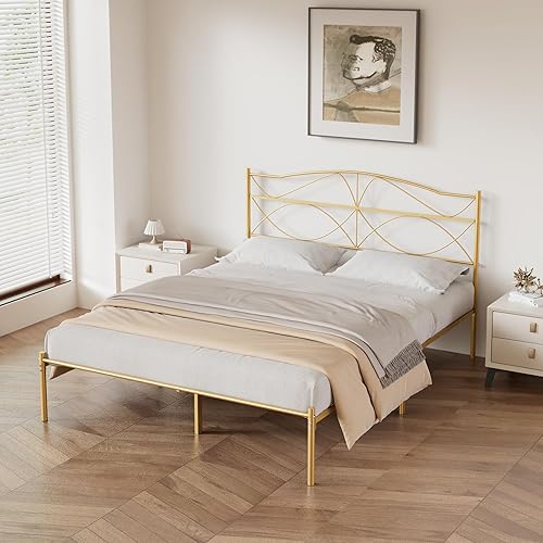 Miniatura 28 de VECELO Base de cama de plataforma metálica de tamaño matrimonial con cabecera y estribo, base de colchón de soporte de listones resistentes, no