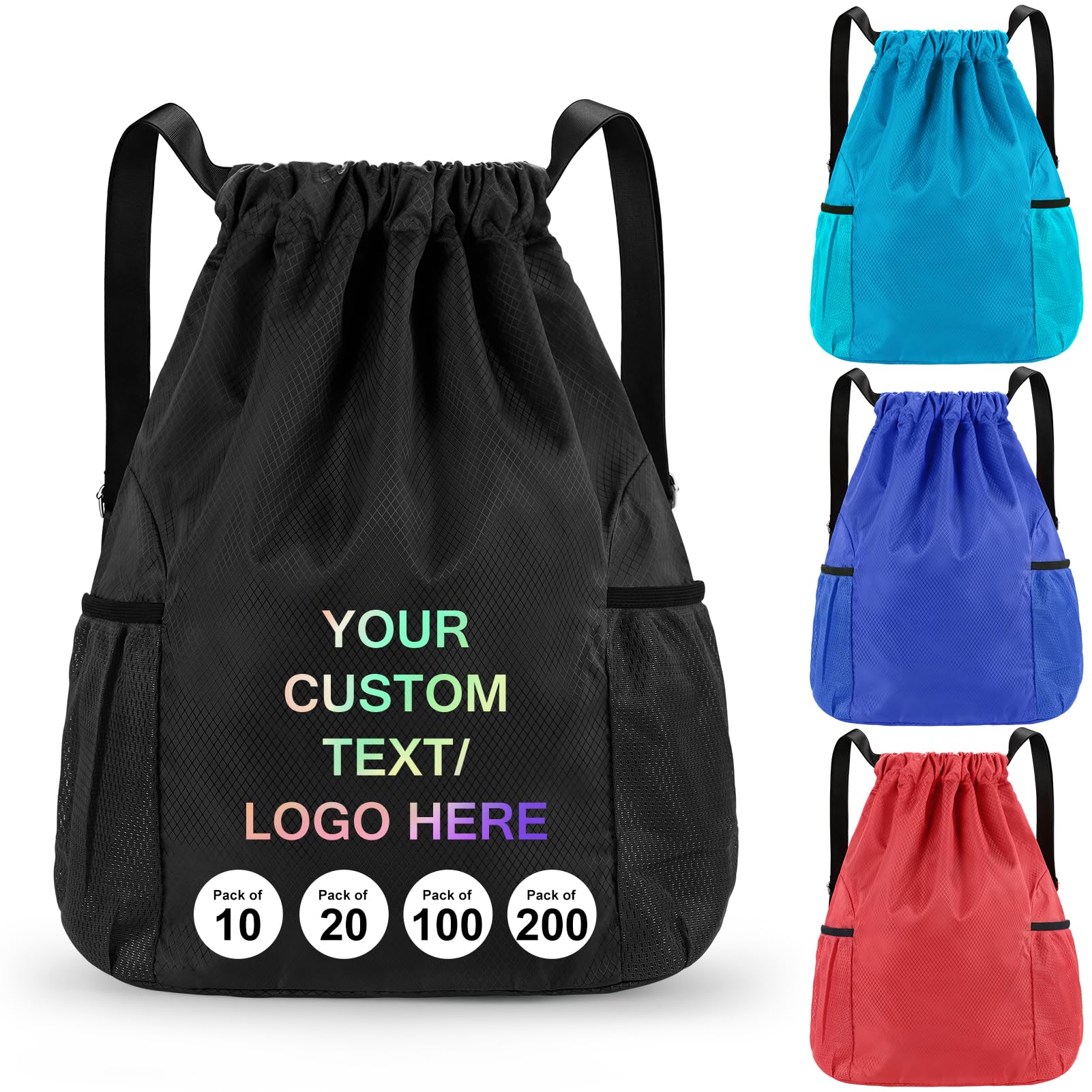 Fyore Sacca con coulisse personalizzata con testo del logo, confezione da 10/20/50/100/200 confezioni, zaino con coulisse in tessuto Oxford personalizzato per kit in PE, palestra, sport, scuola, nuoto