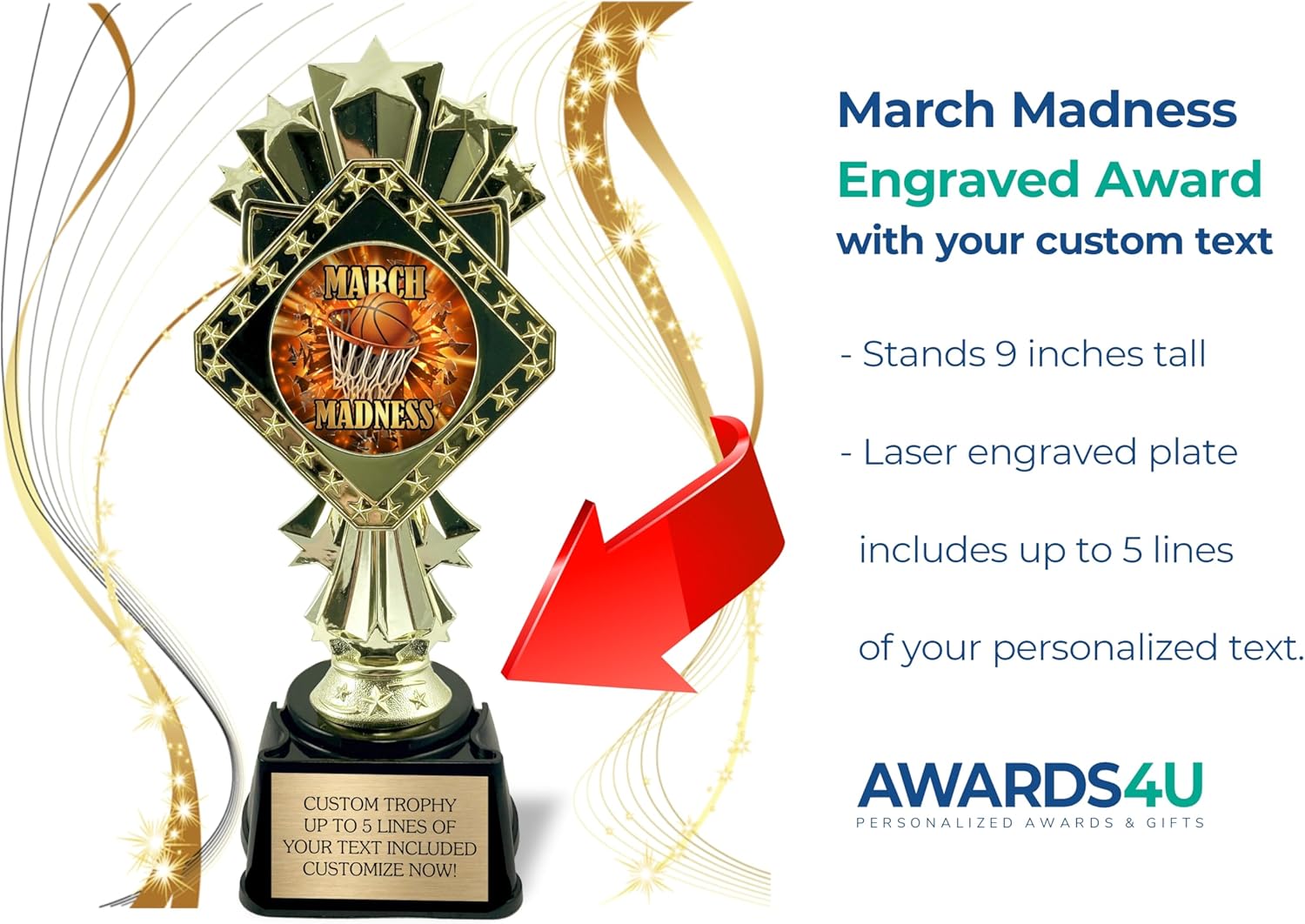 2026 March Trophy for Winner 9 Inches Tall - Customized Basketball Bracket Award for Madness Tournament - Personalized Engraving with Gold Plate - Customize Now!