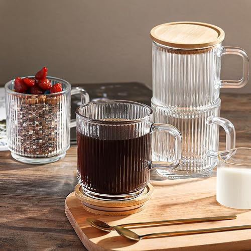 Miniatura 5 de Juego de 2 tazas de café de vidrio con tapas y cucharas de bambú, cristalería acanalada vintage de 12 onzas para café con leche, té, capuchino,