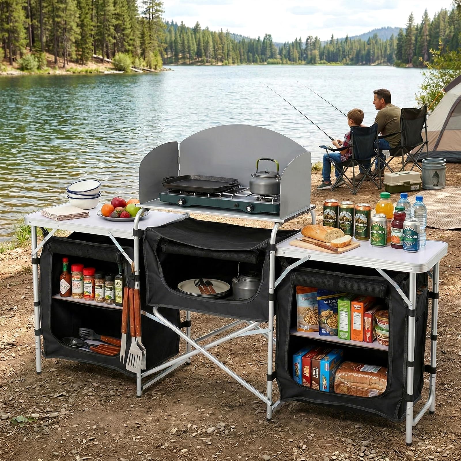 Sekey Campingküche Faltbar, Campingschrank mit Arbeitsplatte und Staufächern, Outdoor Küchenschrank mit Aluminiumgestell, Ink. Tragetasche, Mobile Schränke für Outdoorküche, Vorzelt, Wohnwagen